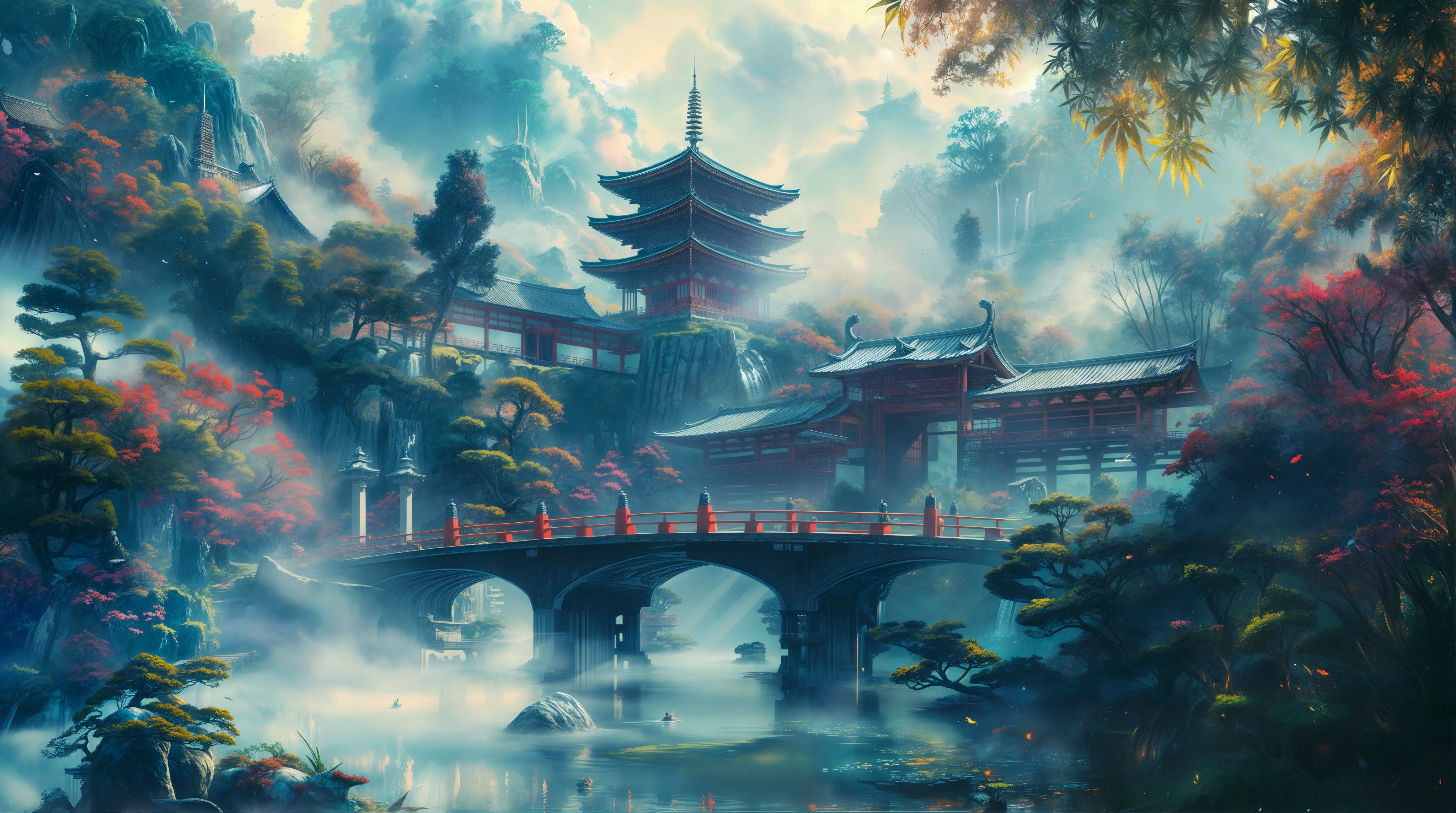 Fondos de pantalla Landscape with traditional Japanese architecture, including pagodas, temples and a bridge