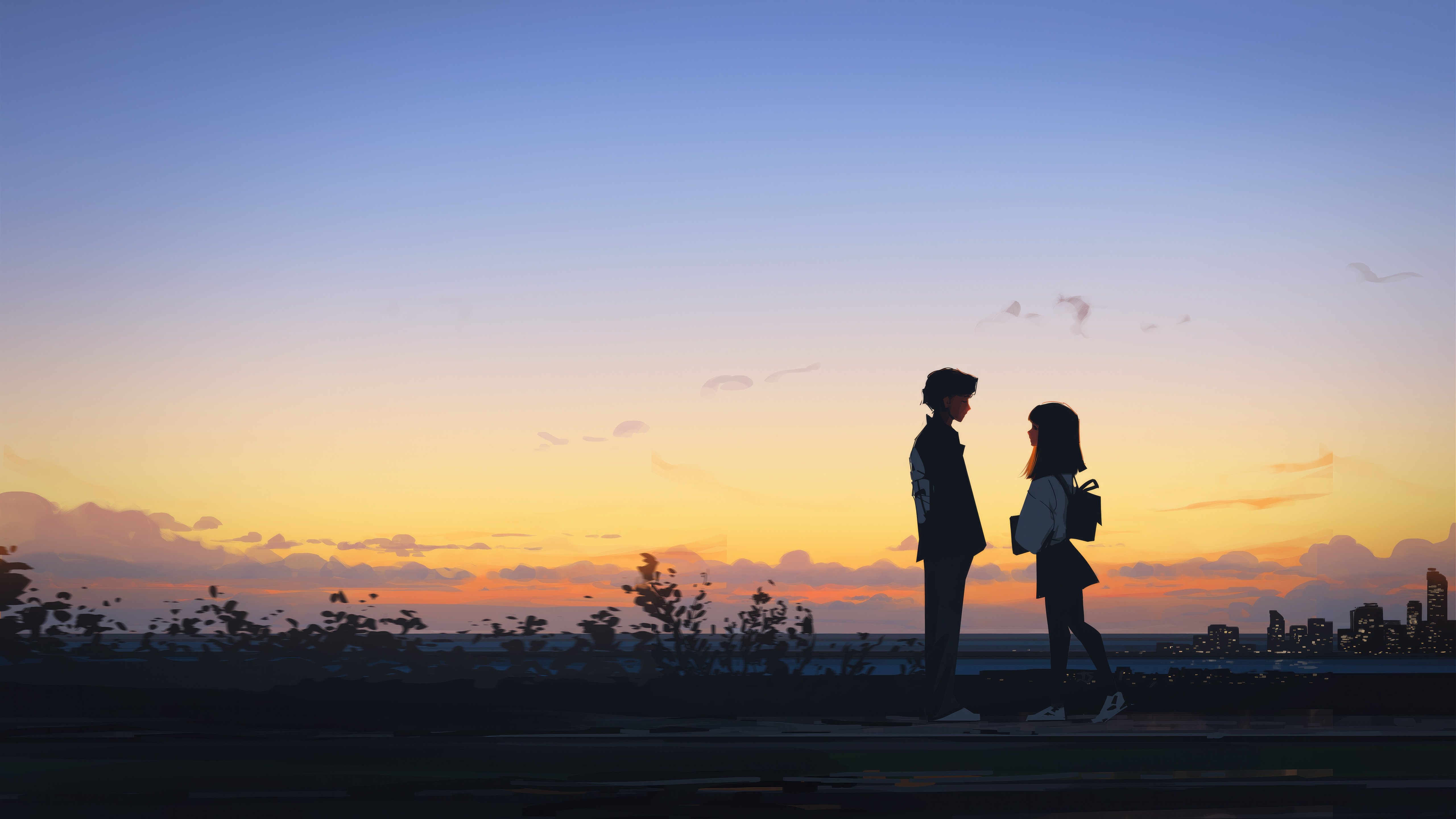 Fondos de pantalla Anime couple sunset landscape backlight