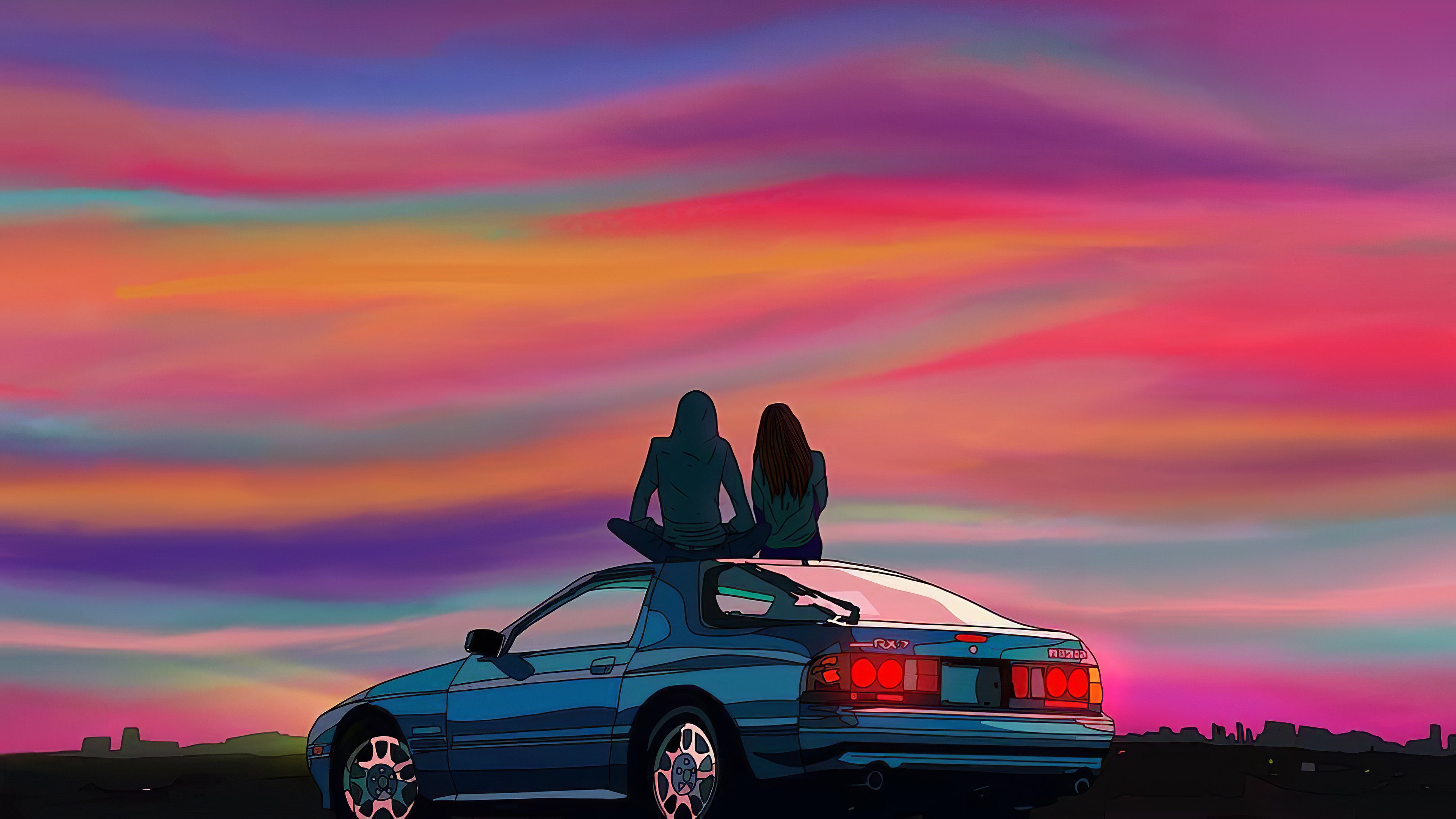 Wallpaper Couple sitting on car at sunset