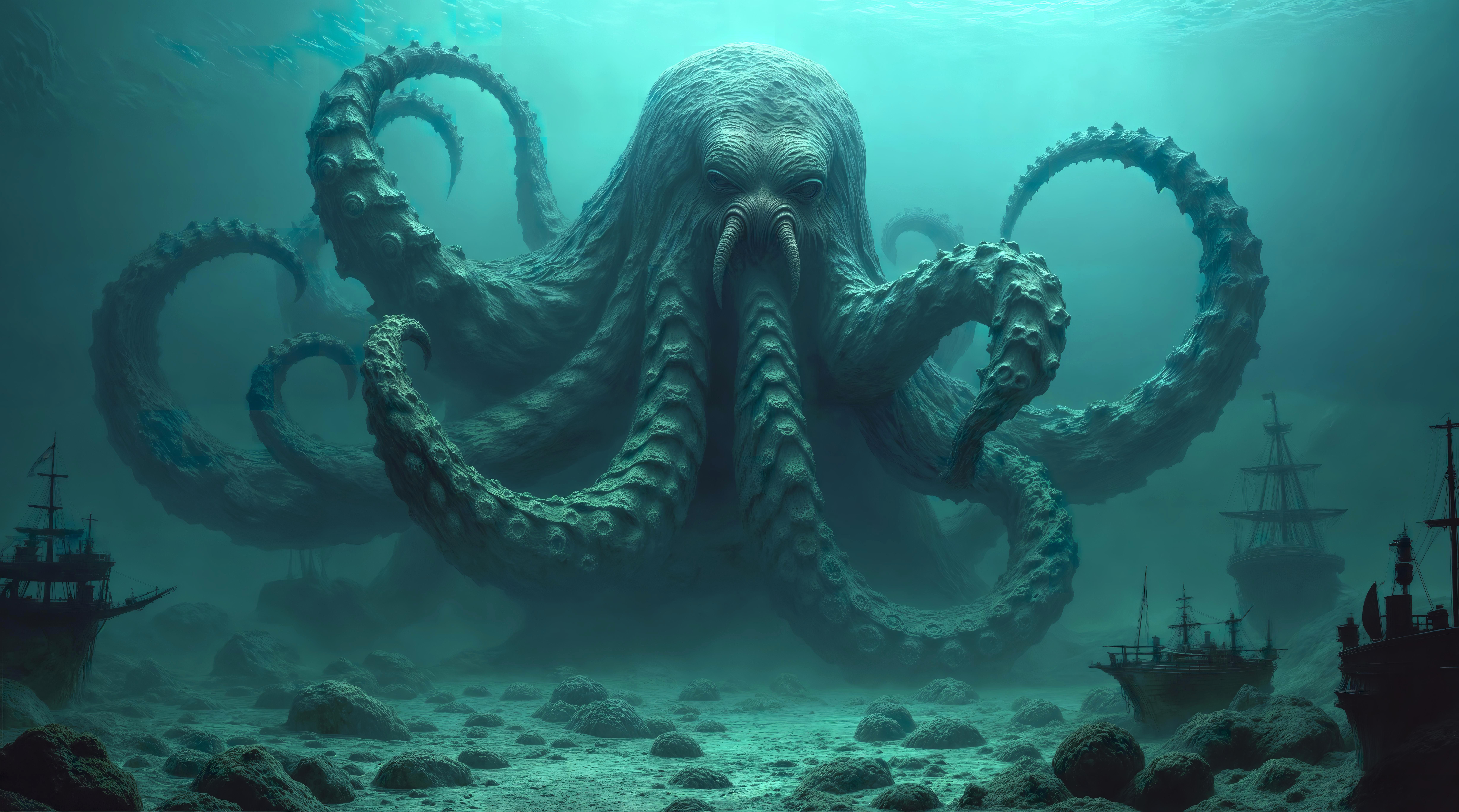 Fondos de pantalla Pulpo gigante de las profundidades del océano rodeado de un antiguos barcos hundidos