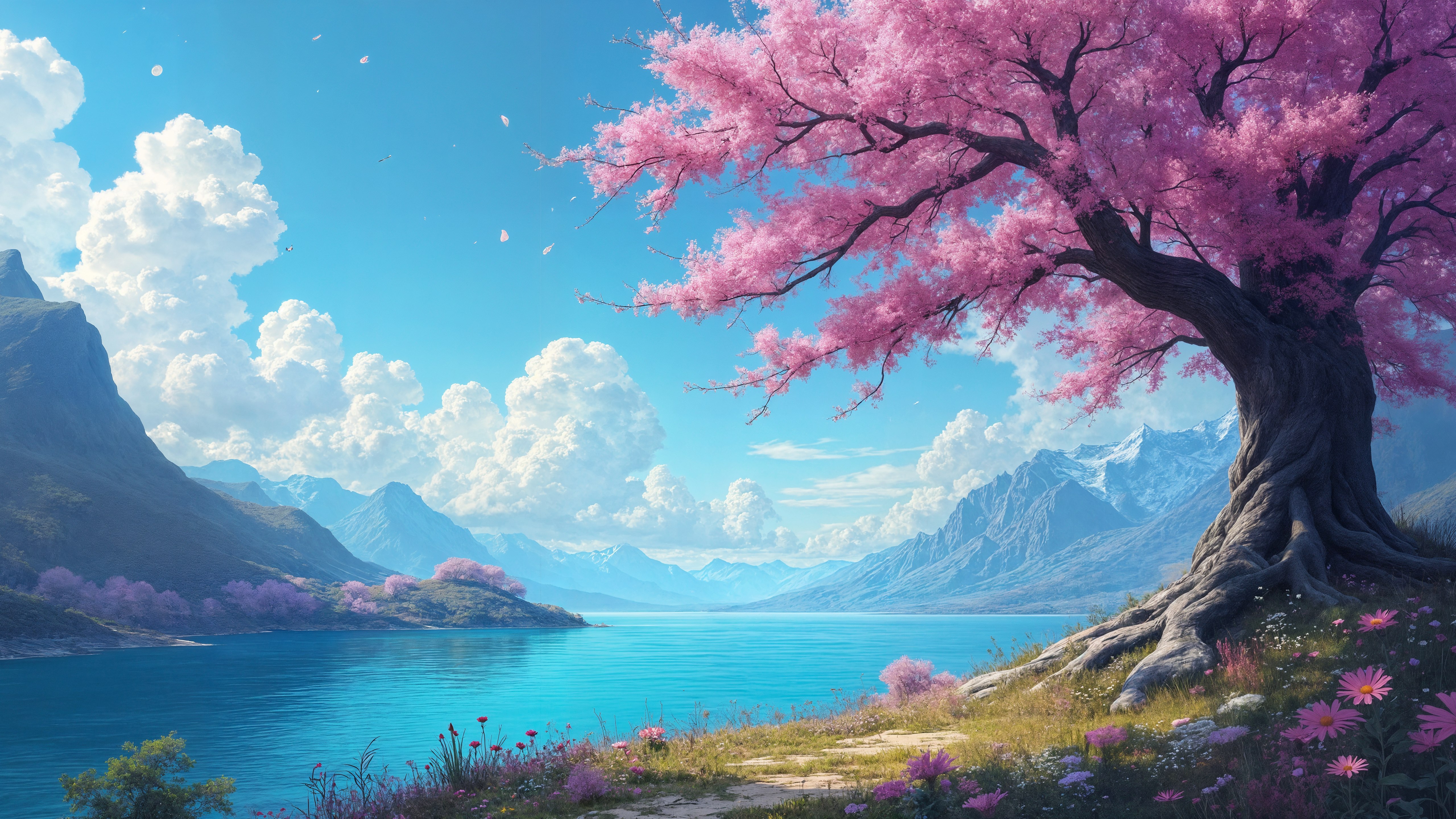 Fondos de pantalla Árbol de flor de cerezo entre lago y montañas