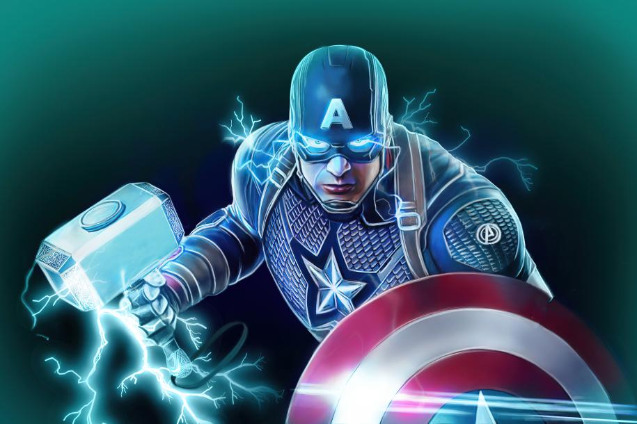 Capitan America con escudo y el martillo de Thor Fondo de pantalla 4k