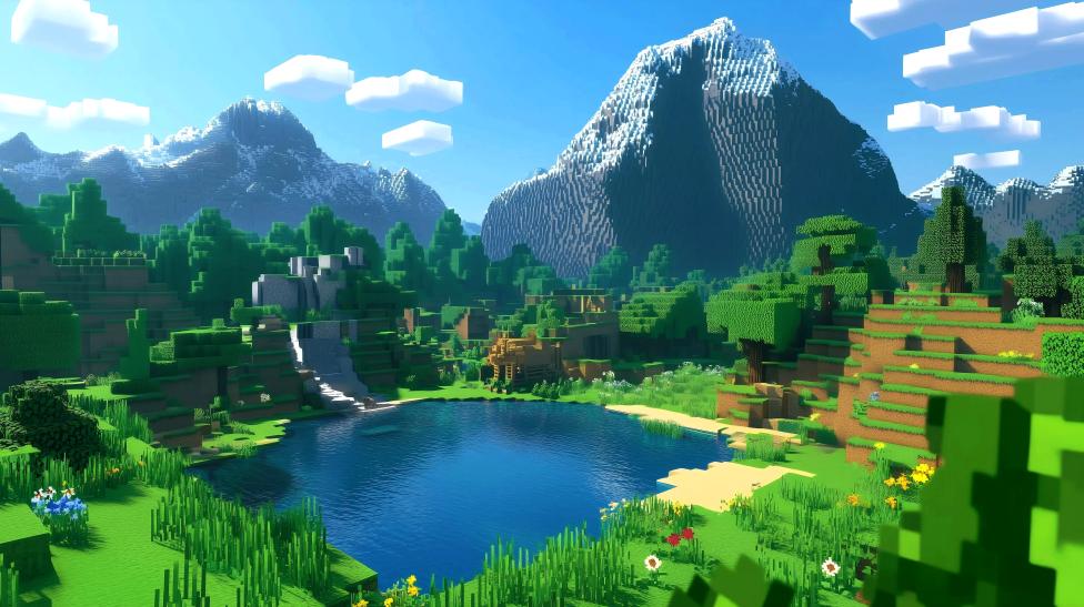 Paisaje Minecraft Lago entre la selva y montañas Fondo de pantalla 4K ...