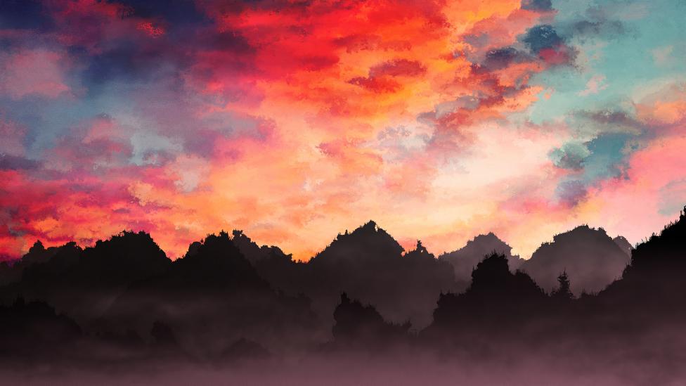 Pintura de Montañas con neblina al atardecer Fondo de pantalla 4k Ultra