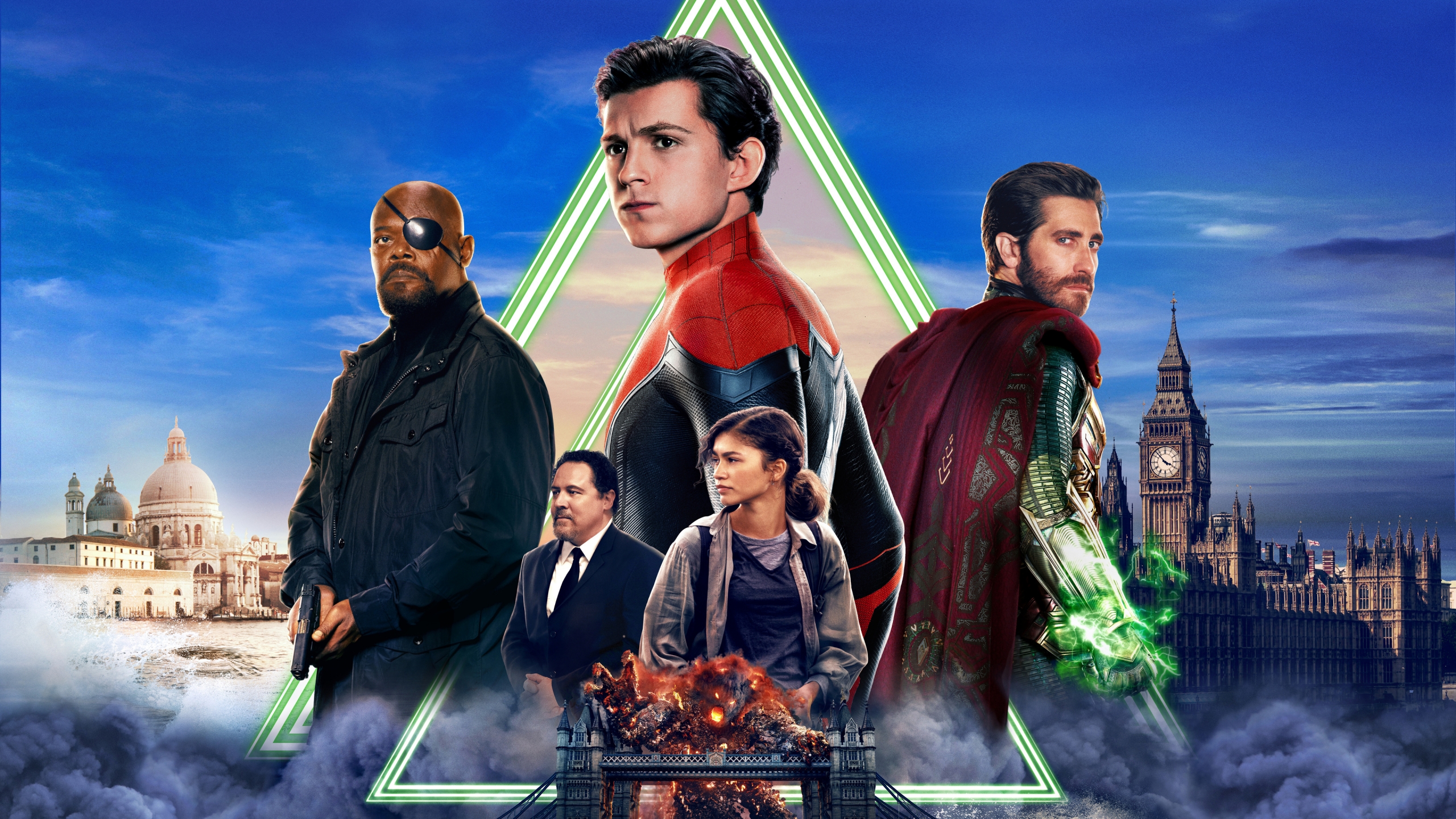 Poster con personajes de El hombre araña: Lejos de casa Fondo de