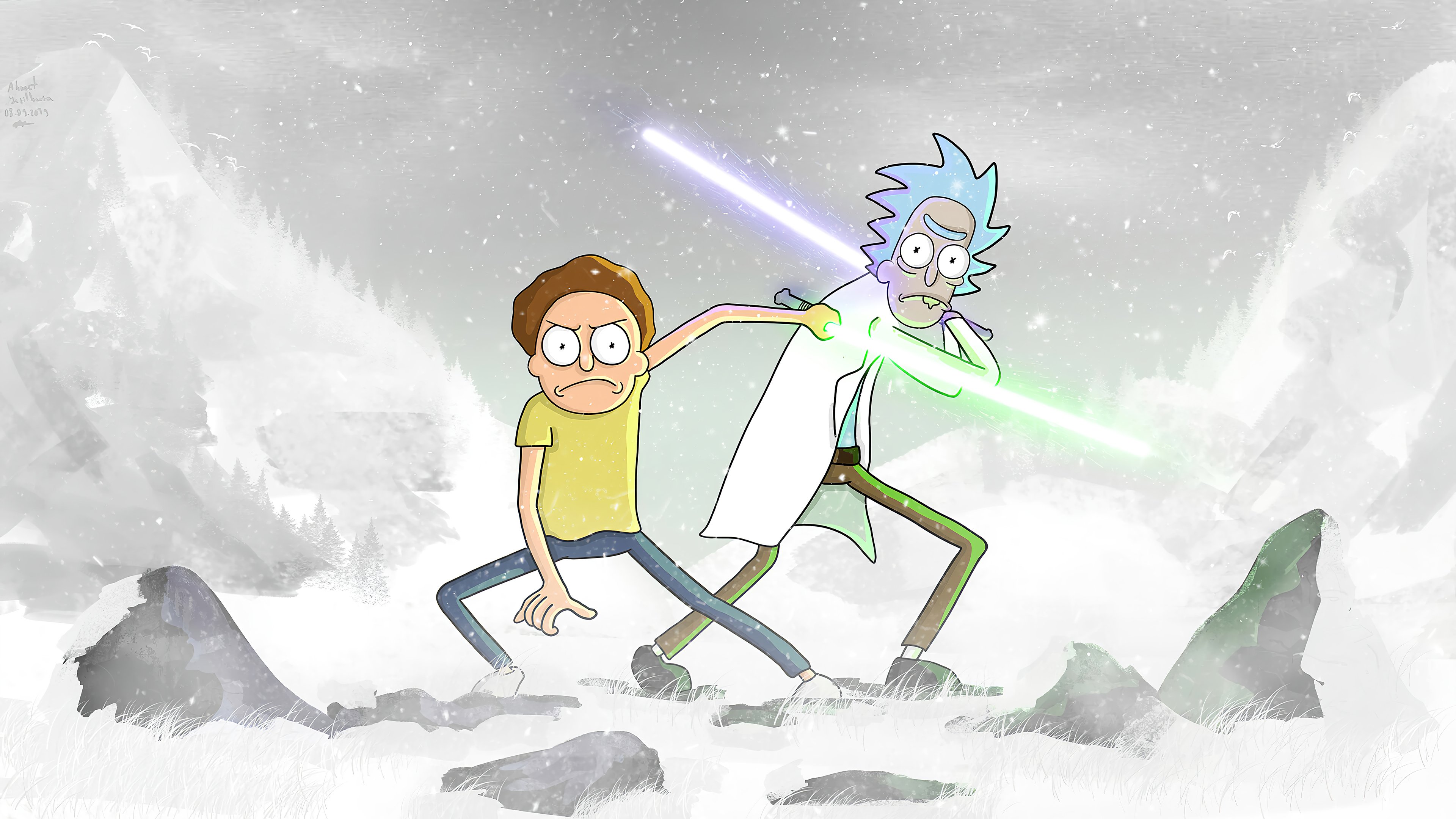 Wallpaper Rick and Morty with lightsaber
