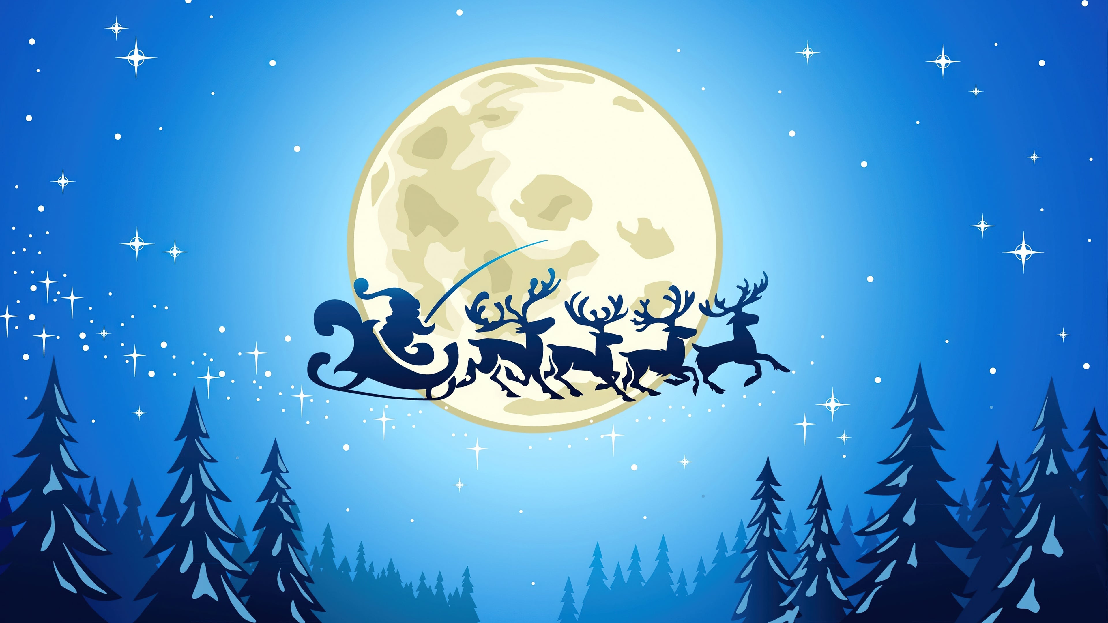 Fondos de pantalla Santa y sus renos entre bosque y luna llena