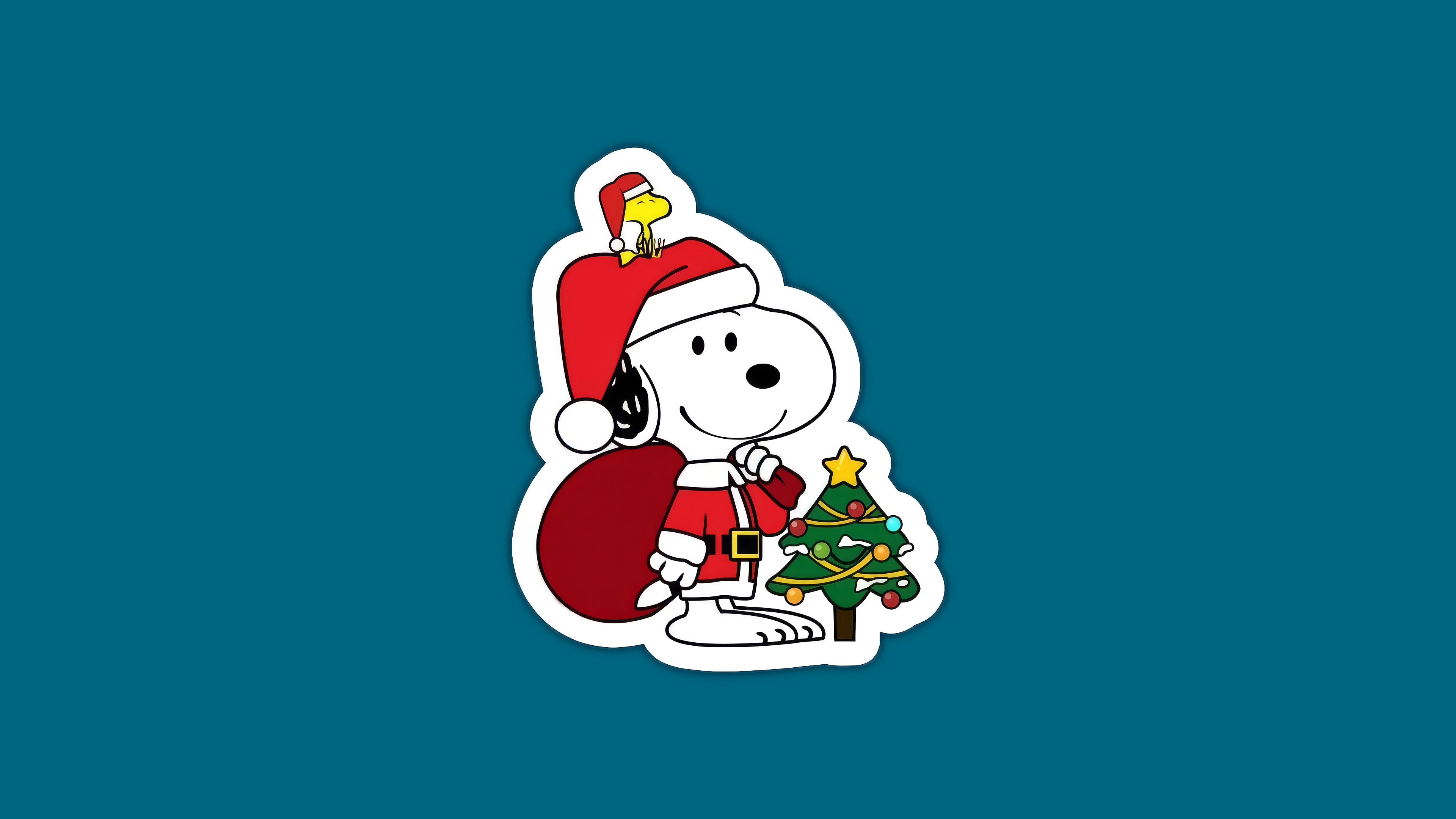 Fondos de pantalla Snoopy y Woodstock Emilio vestidos de Santa Claus Fondo azul