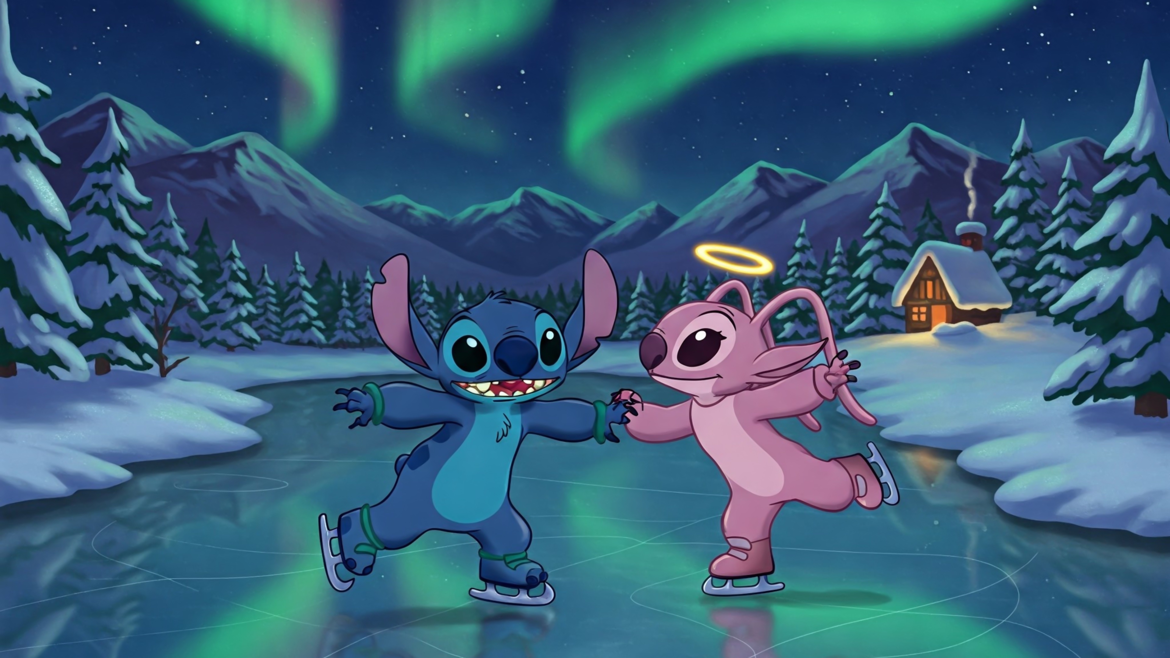 Fondos de pantalla Stitch and Angel ice skating