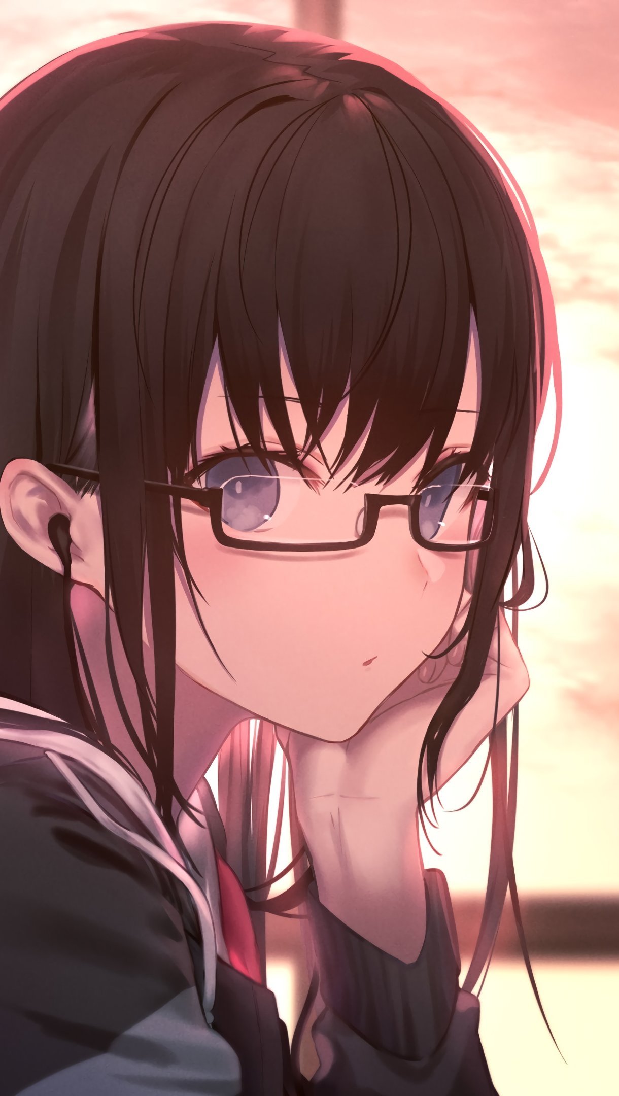 Wallpaper Anime Girl in Glasses with Student Uniform Vertical