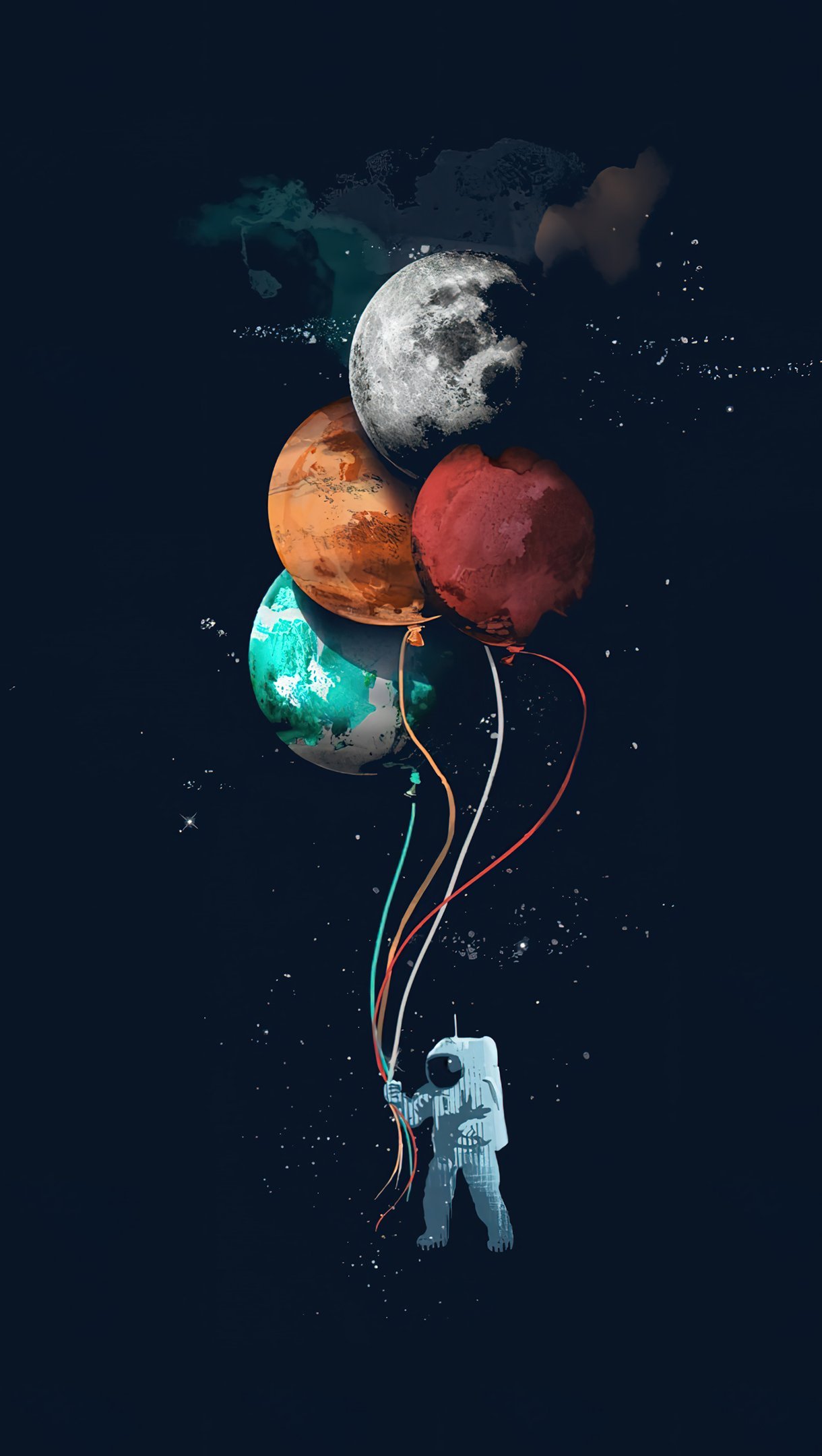 Wallpaper Astronaut with planets as balloons Vertical