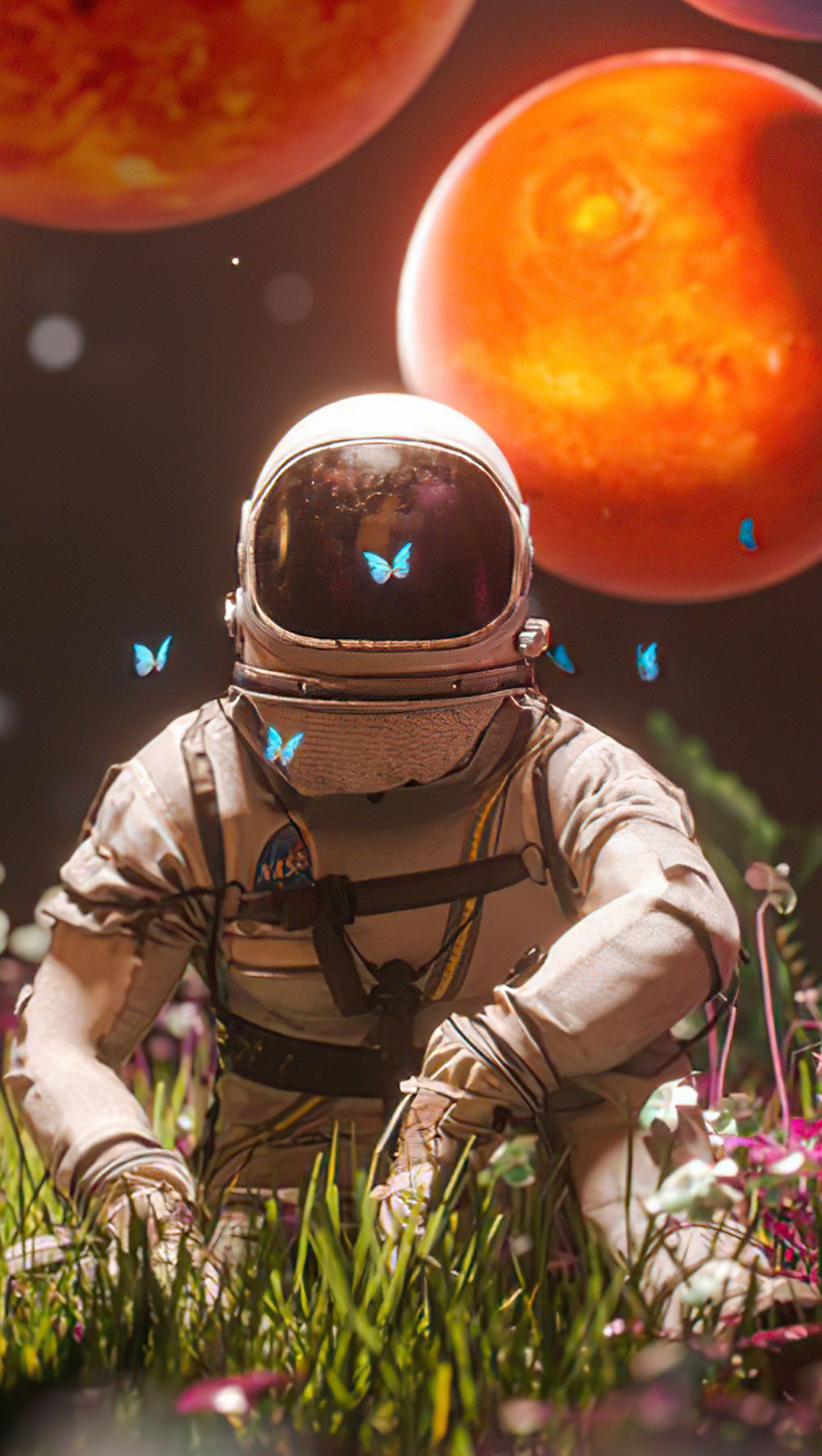 Wallpaper Astronaut with planets and flowers Vertical