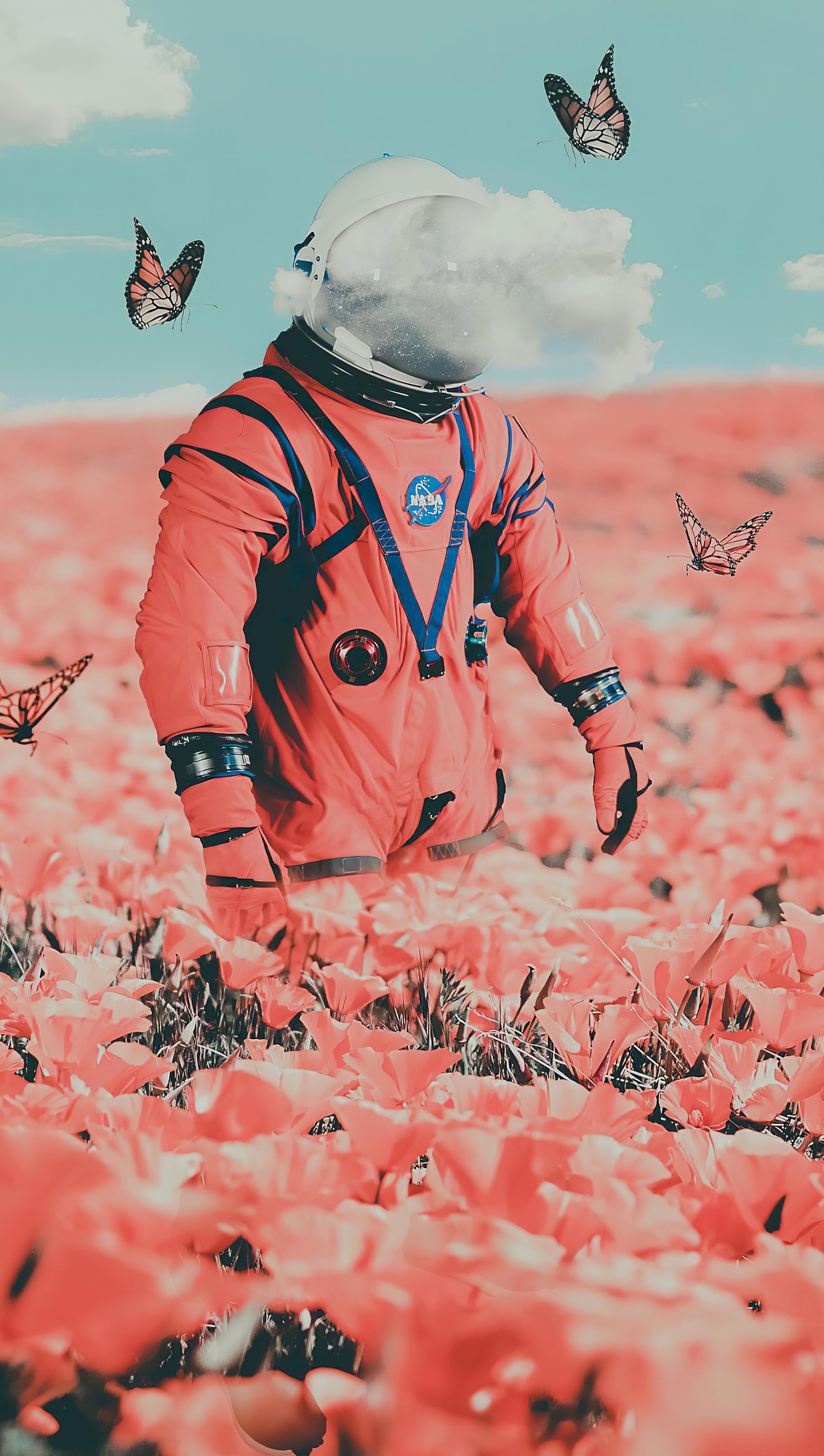 Fondos de pantalla Astronauta entre flores y mariposas Vertical