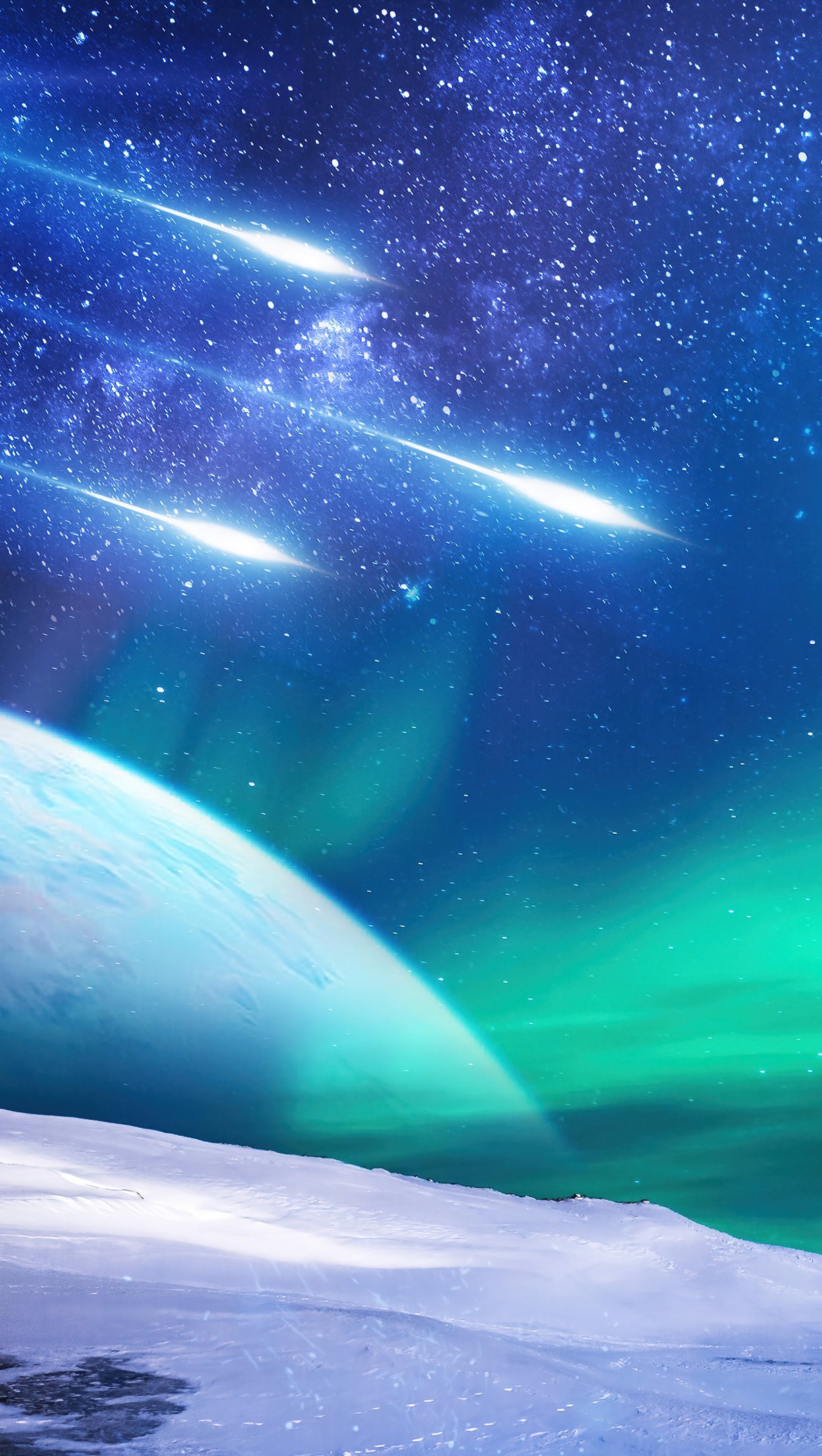 Wallpaper Northern lights with shooting stars and planet in the background Vertical