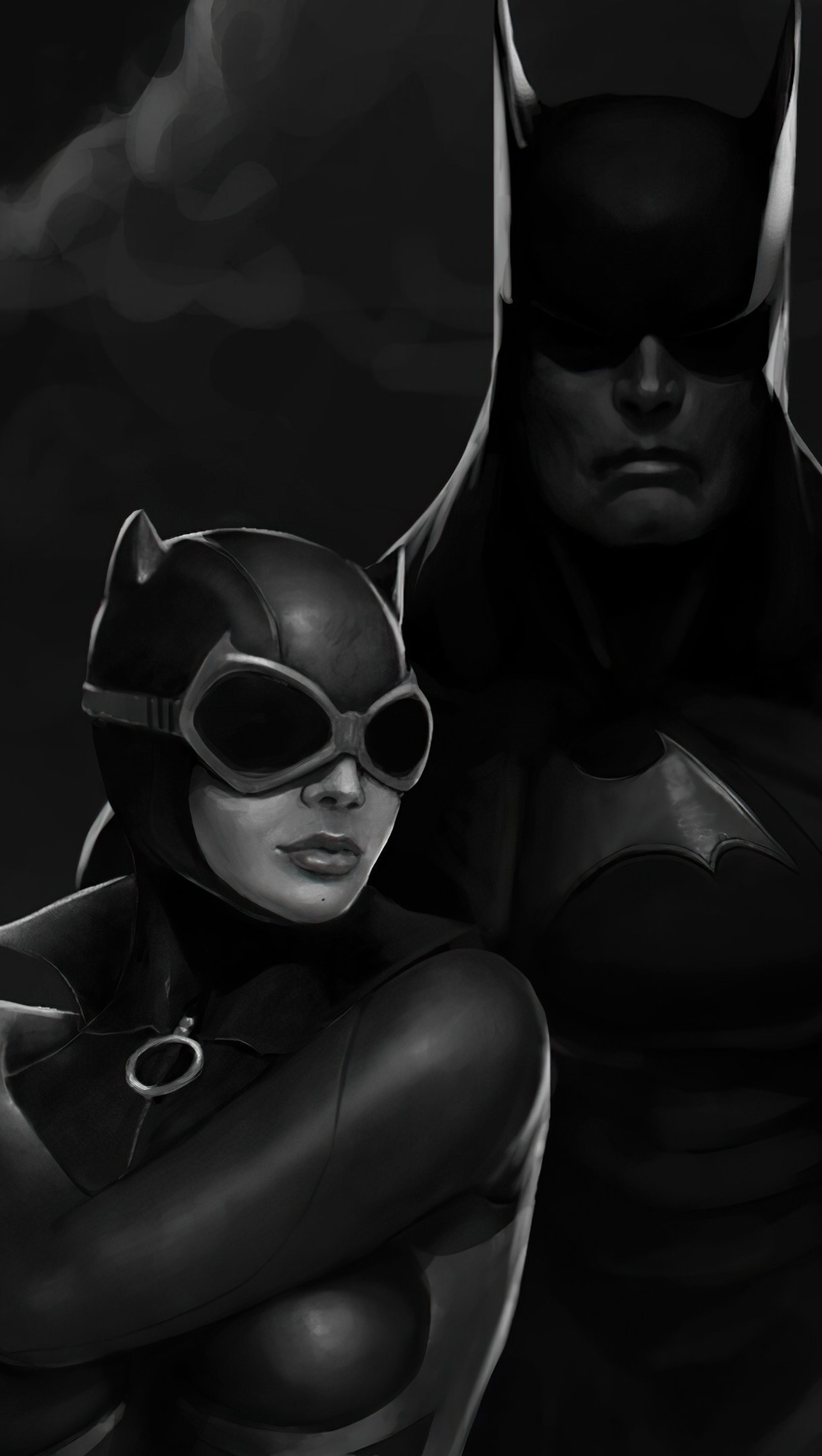 Fondos de pantalla Batman y Catgirl monocromatico Vertical