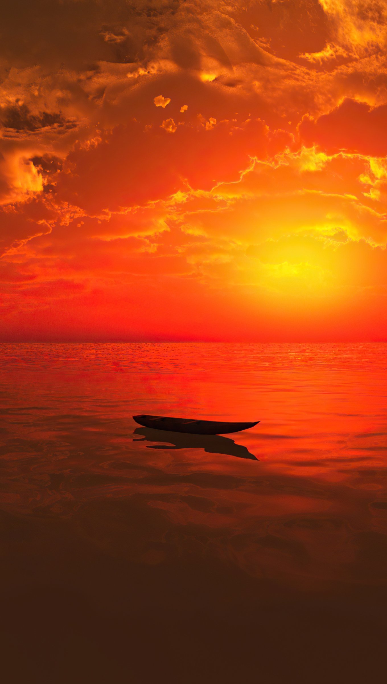 Wallpaper Boat in the middle of the sea at sunset Vertical