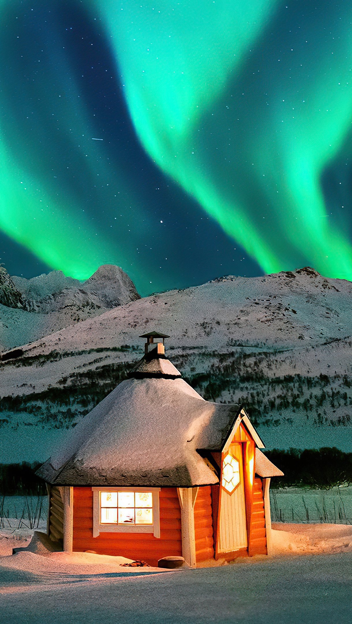 Wallpaper House in the winter with northern lights in the mountains Vertical