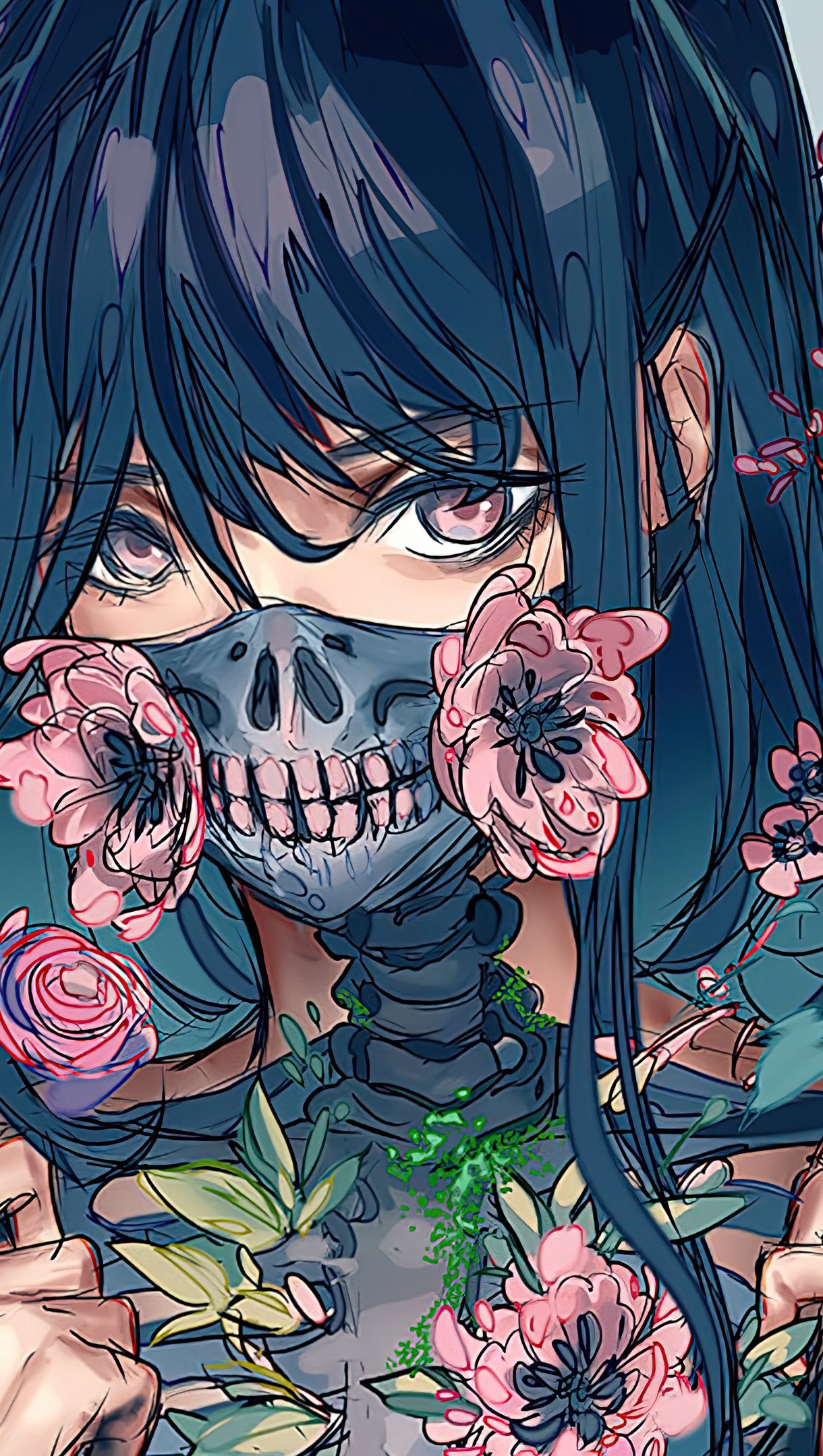 Fondos de pantalla Chica anime con mascara y flores Vertical
