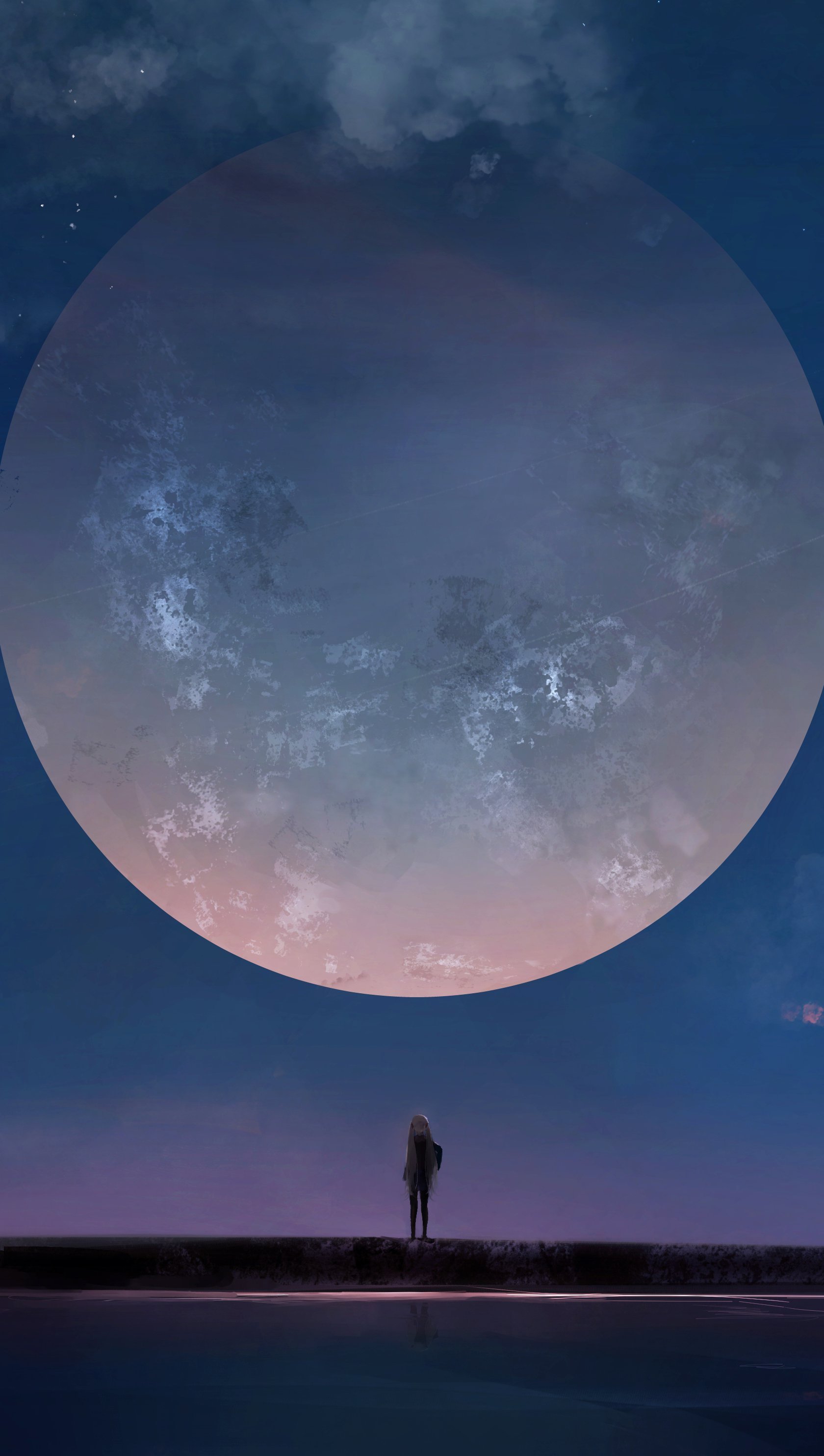 Wallpaper Anime girl at night with moon Vertical