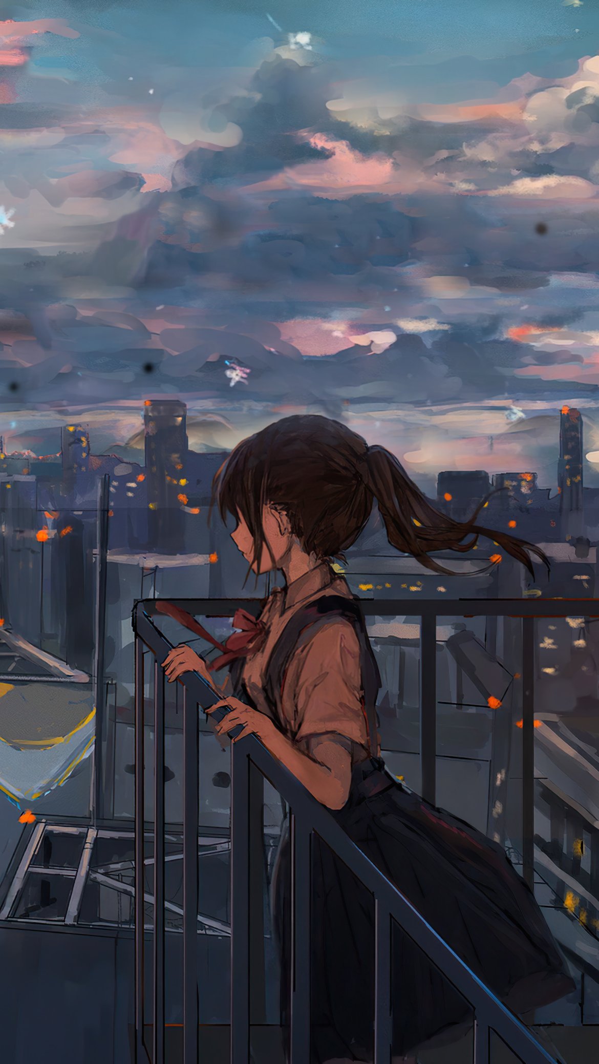 Wallpaper Anime girl looking at the city Vertical