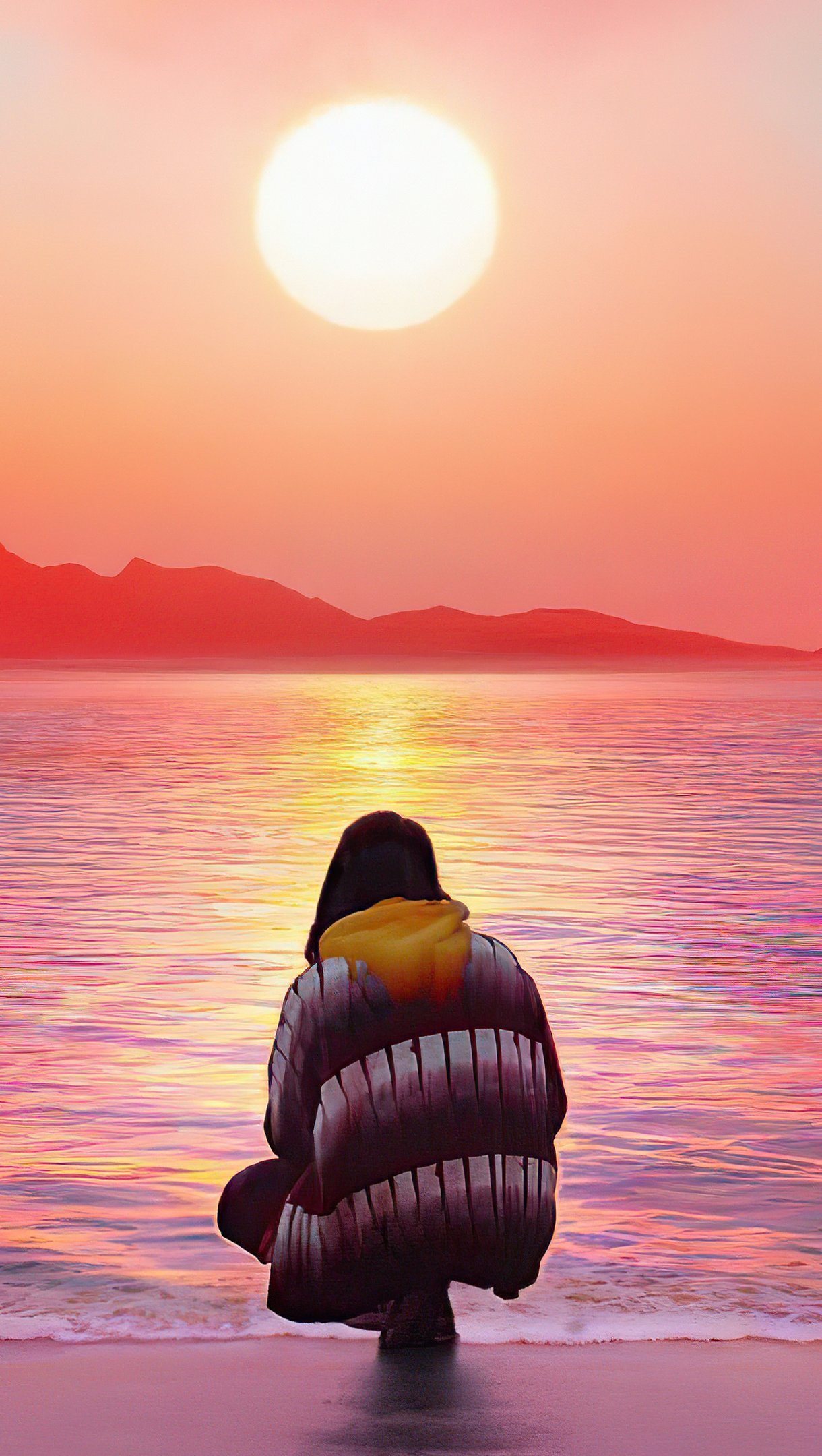 Wallpaper Girl in the beach looking at the sunset Vertical