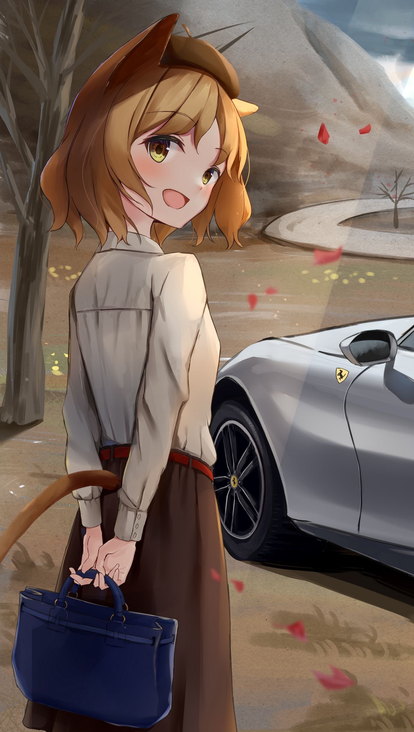 Anime Wallpaper Neko girl with car Vertical