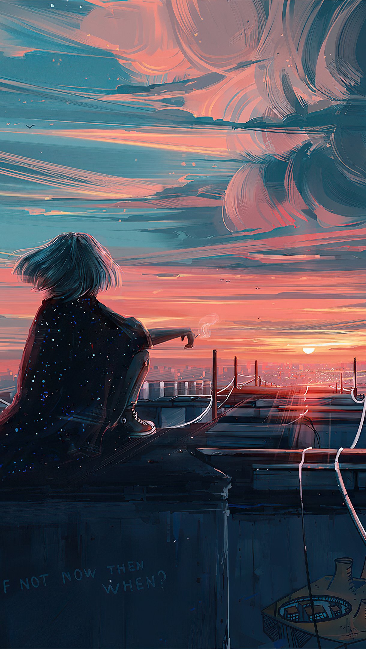 Wallpaper Girl looking at the sunset Illustration Vertical