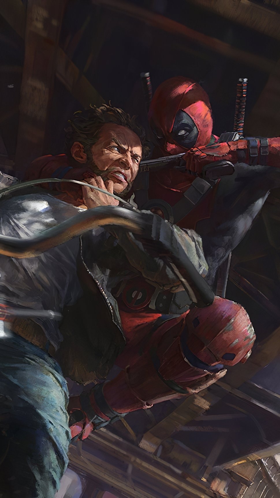 Wallpaper Deadpool in fight with Wolverine in motocycle Vertical