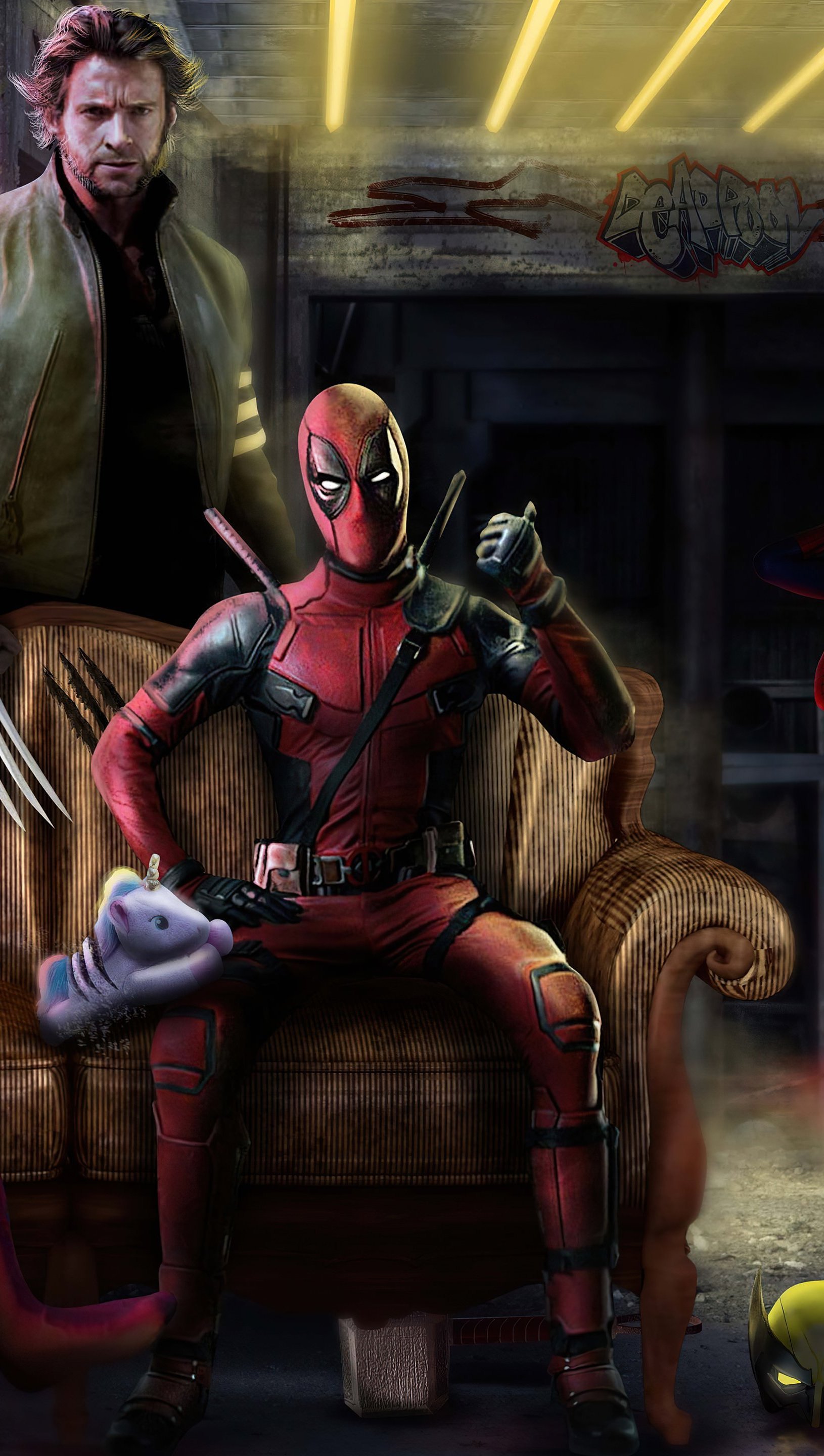 Fondos de pantalla Deadpool, hombre araña y Wolverine Vertical