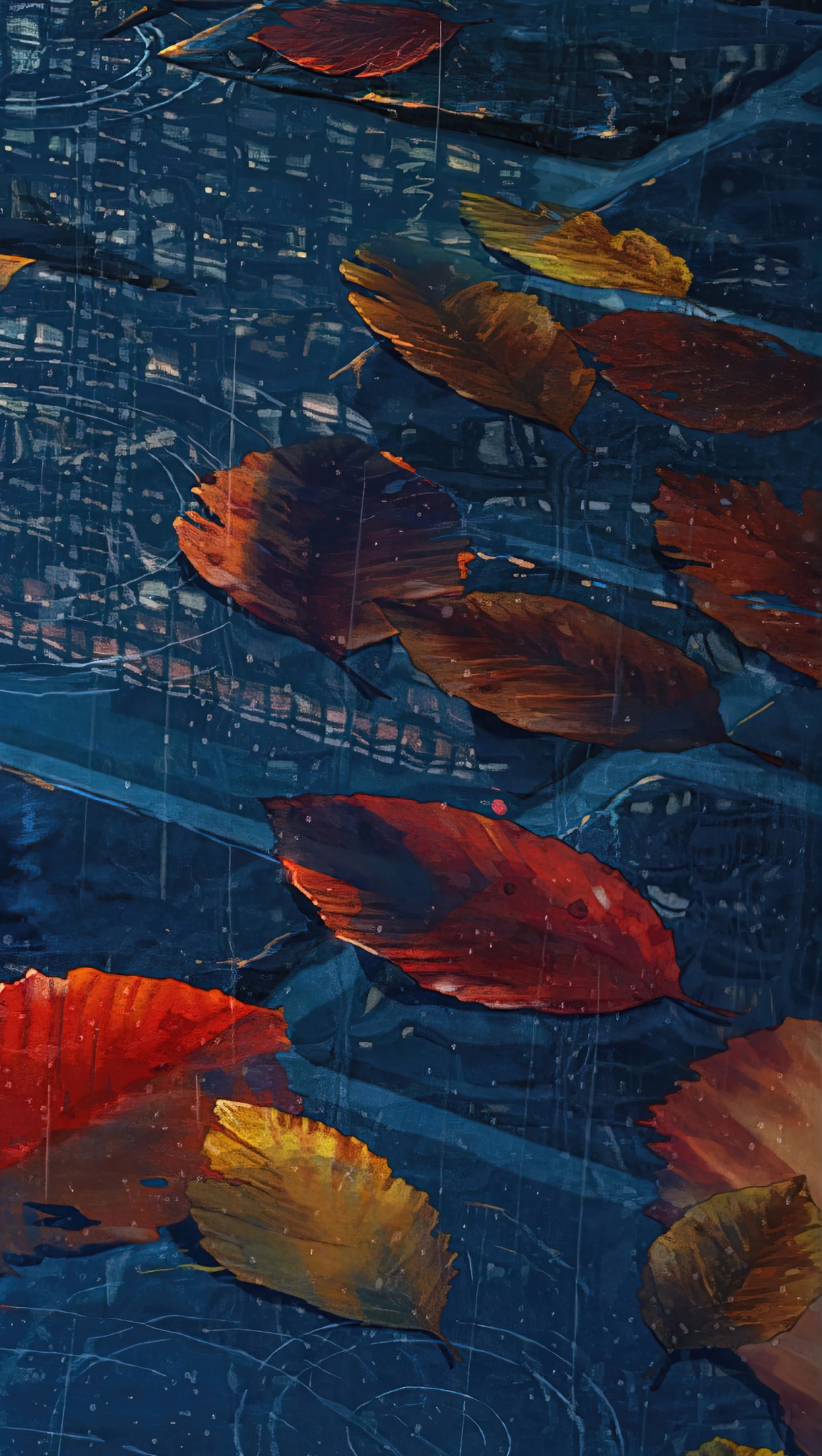 Wallpaper Autumn leaves on water Vertical