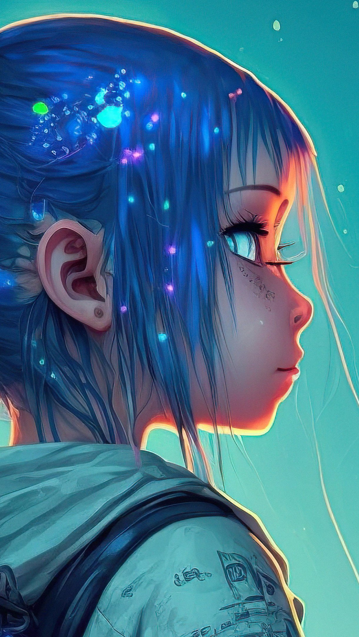 Fondos de pantalla Intuición Chica con cabello azul y luces Vertical