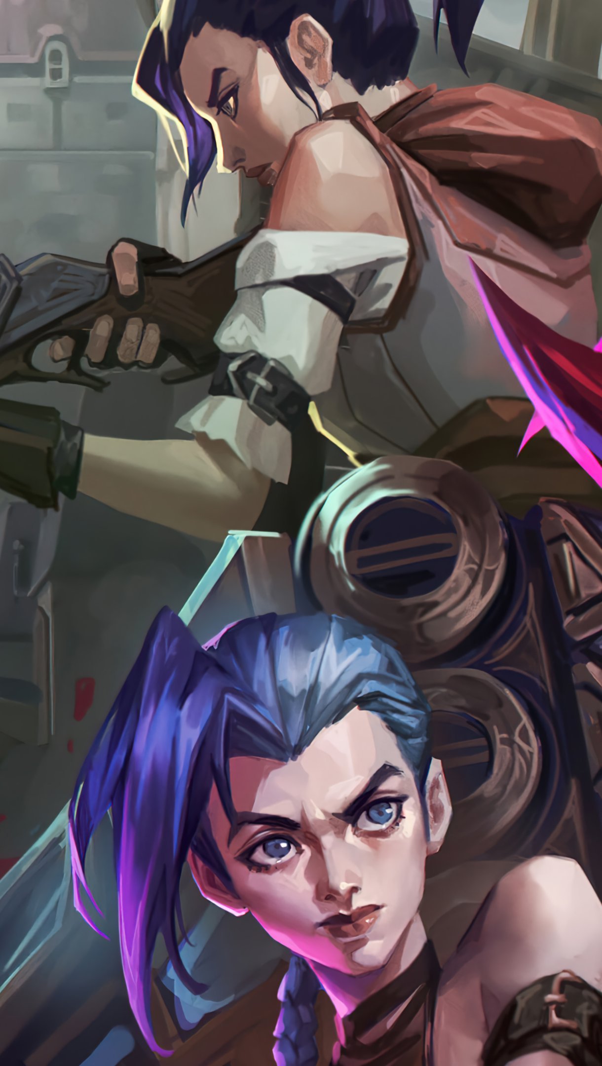 Wallpaper Jinx Vi and Caitlyn in Arcane League of Legends Vertical