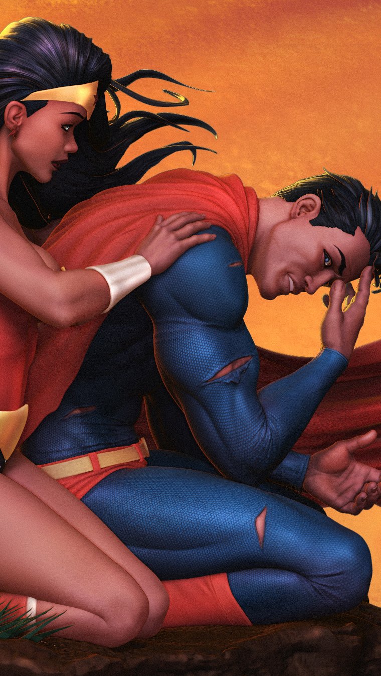 Wallpaper Wonder woman hugging Superman Vertical