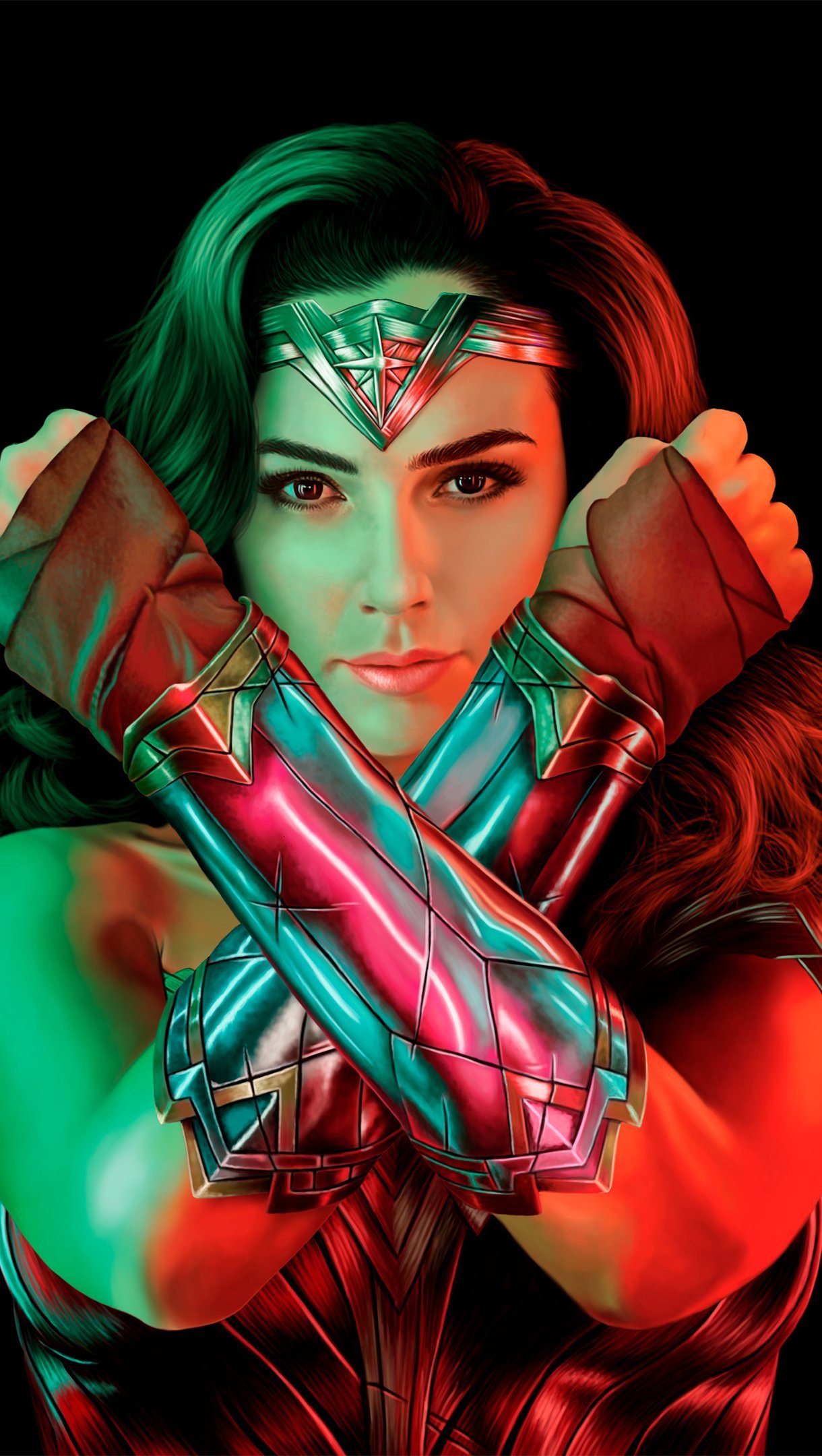 Wallpaper Wonder Woman with green and red lights Vertical