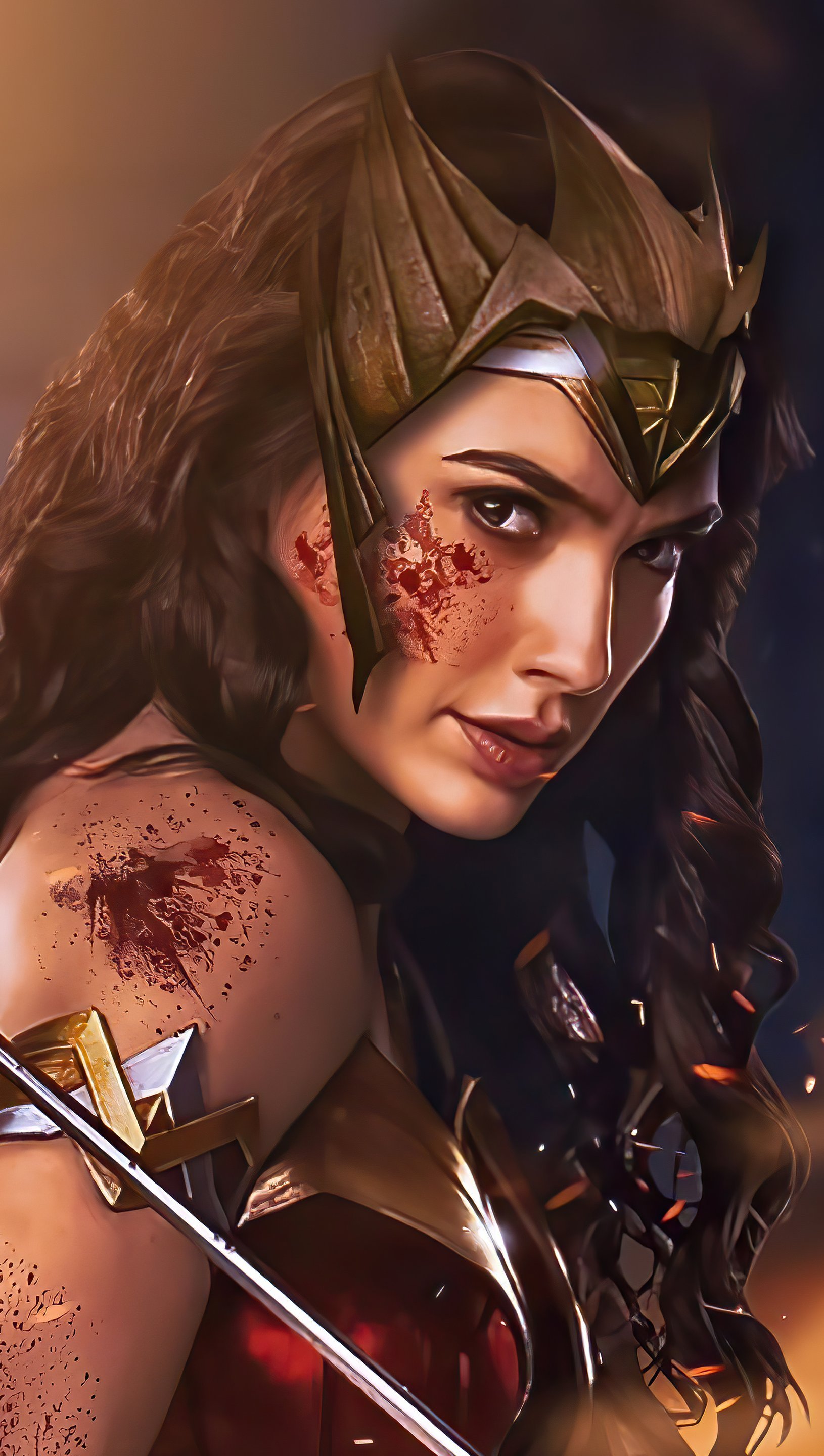 Wallpaper Wonder Woman with fight marks Vertical