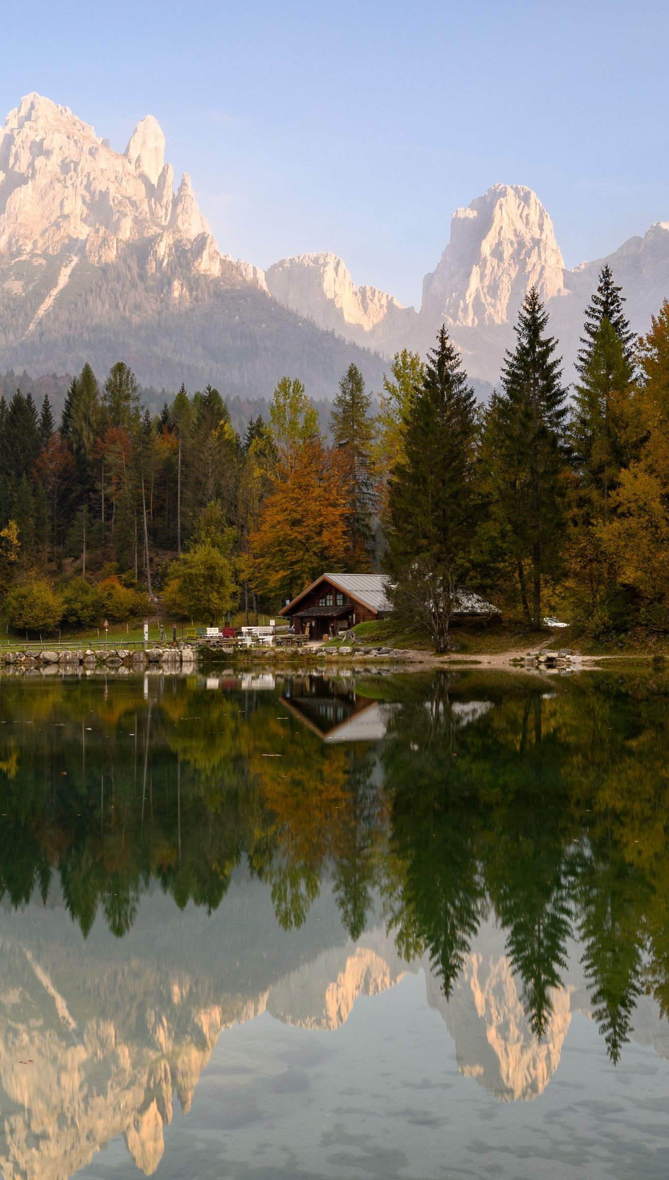 Wallpaper Lake in the forest with mountains in background Vertical