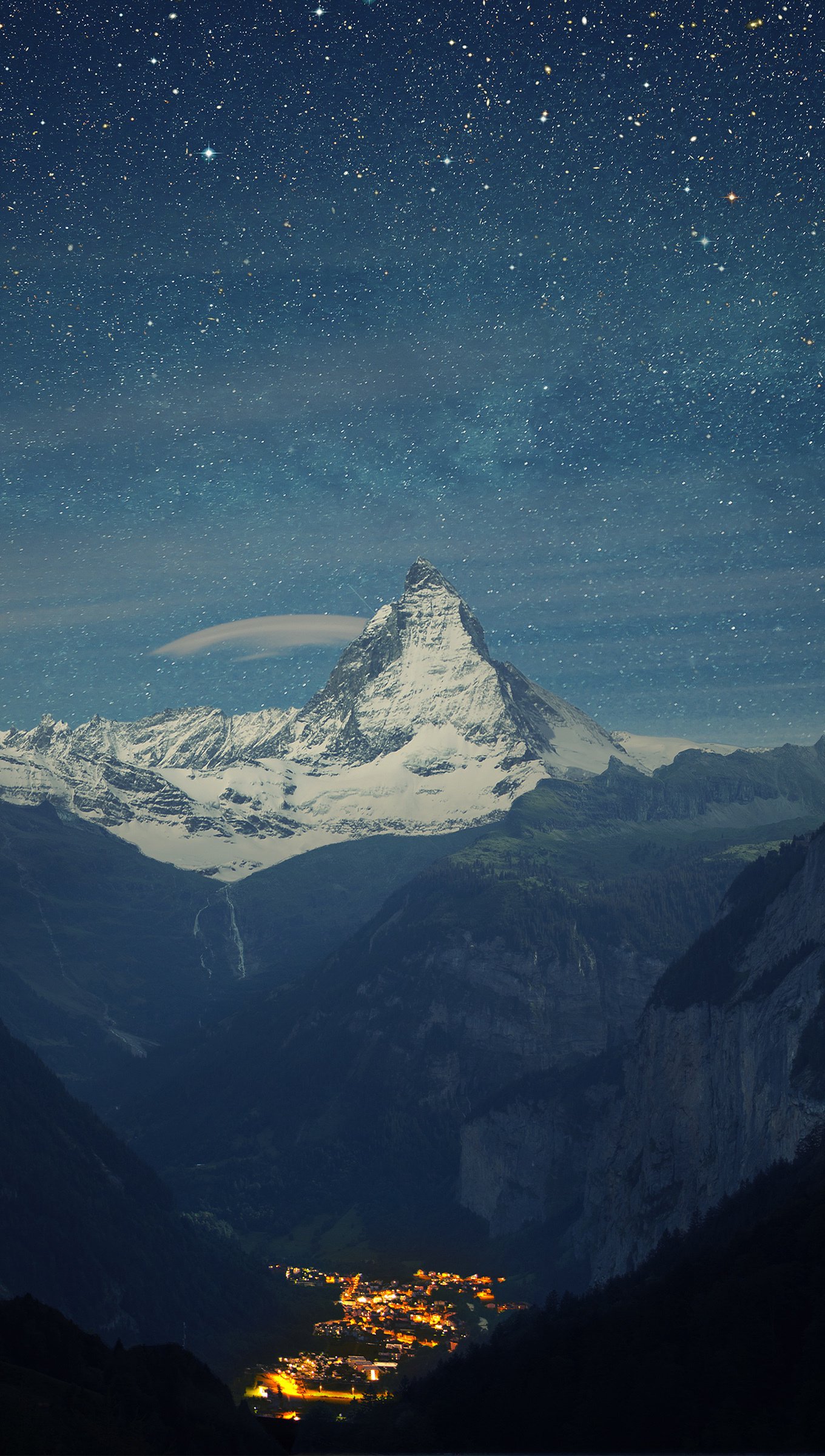 Fondos de pantalla Montañas nevadas con estrellas de noche Vertical