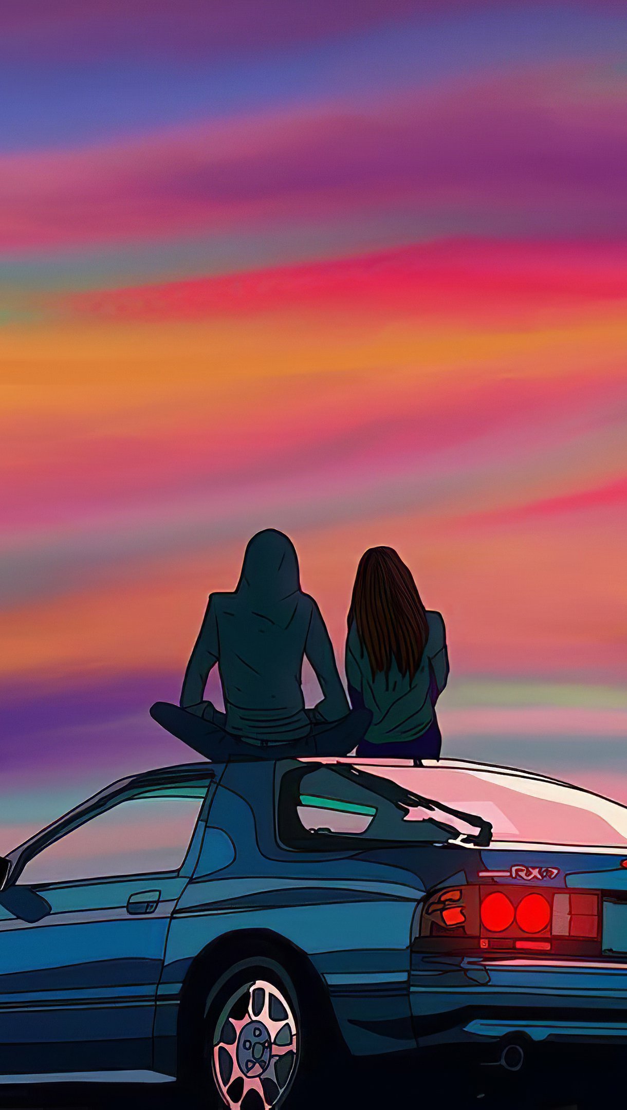 Wallpaper Couple sitting on car at sunset Vertical