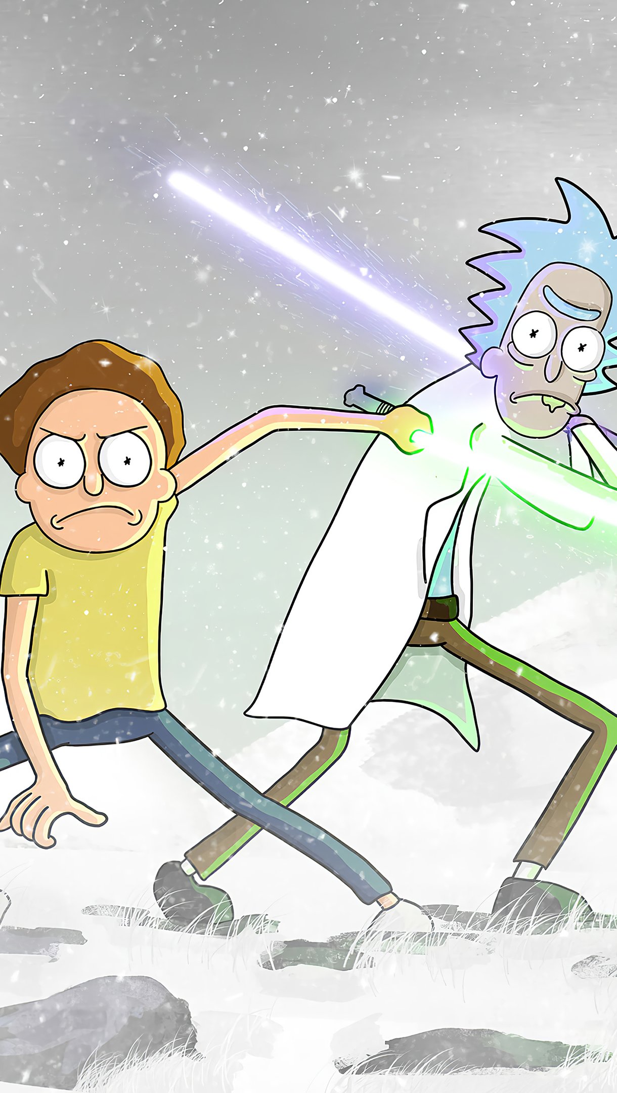 Wallpaper Rick and Morty with lightsaber Vertical