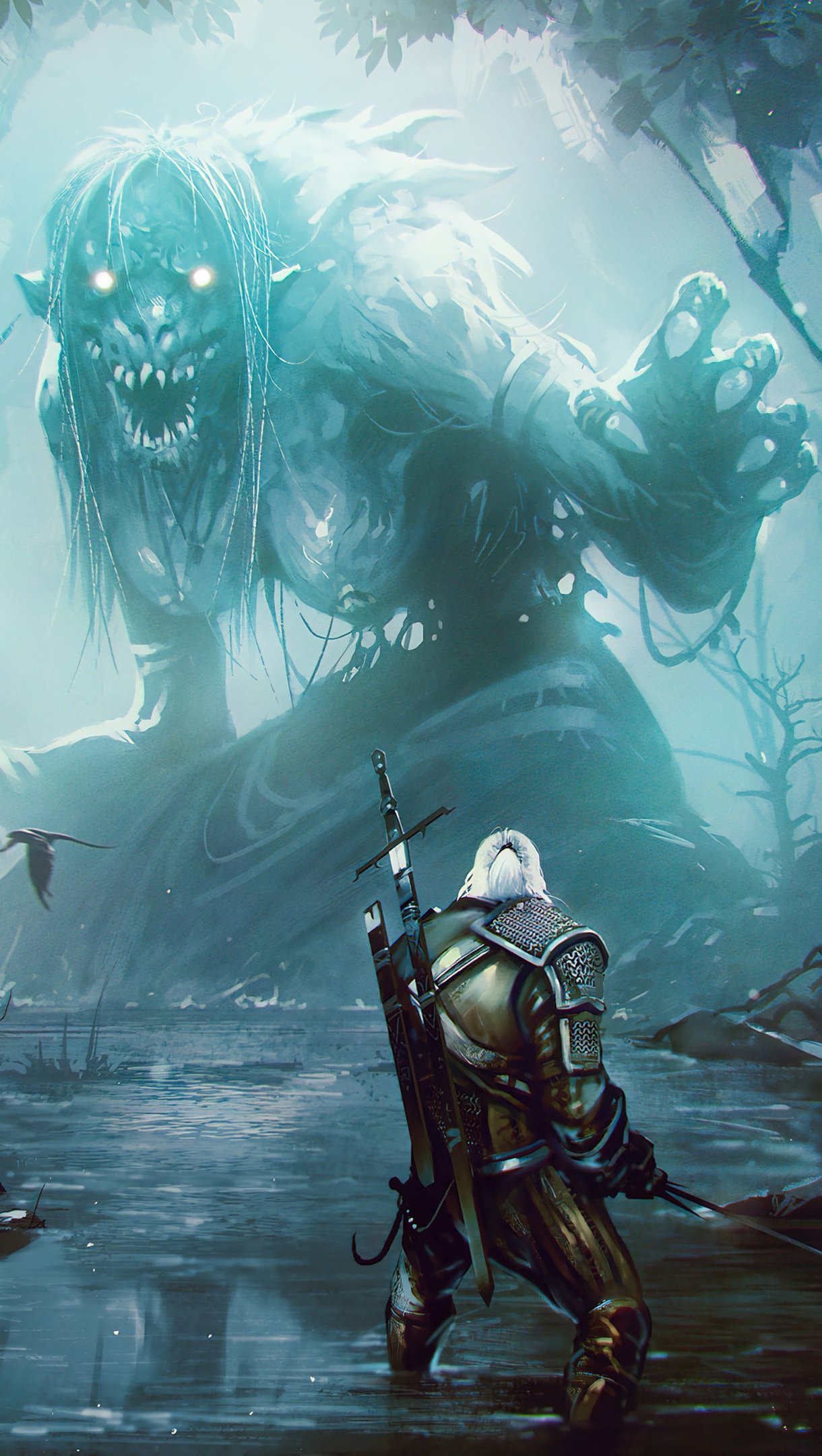 Fondos de pantalla The Witcher Geralt of Rivia con monstruo Vertical