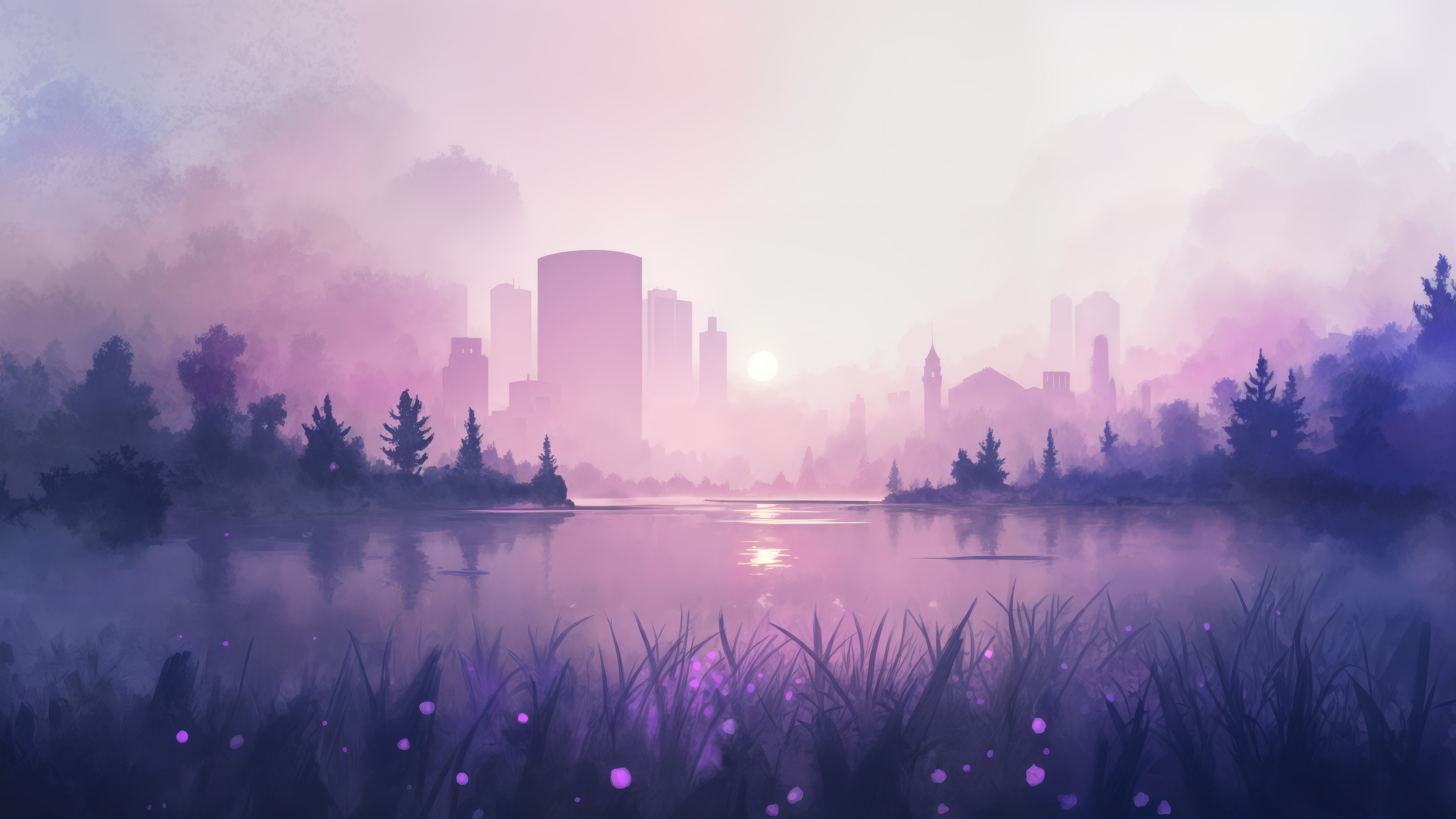 Fondos de pantalla Vista a lago con edificios en colores rosa y morado V2