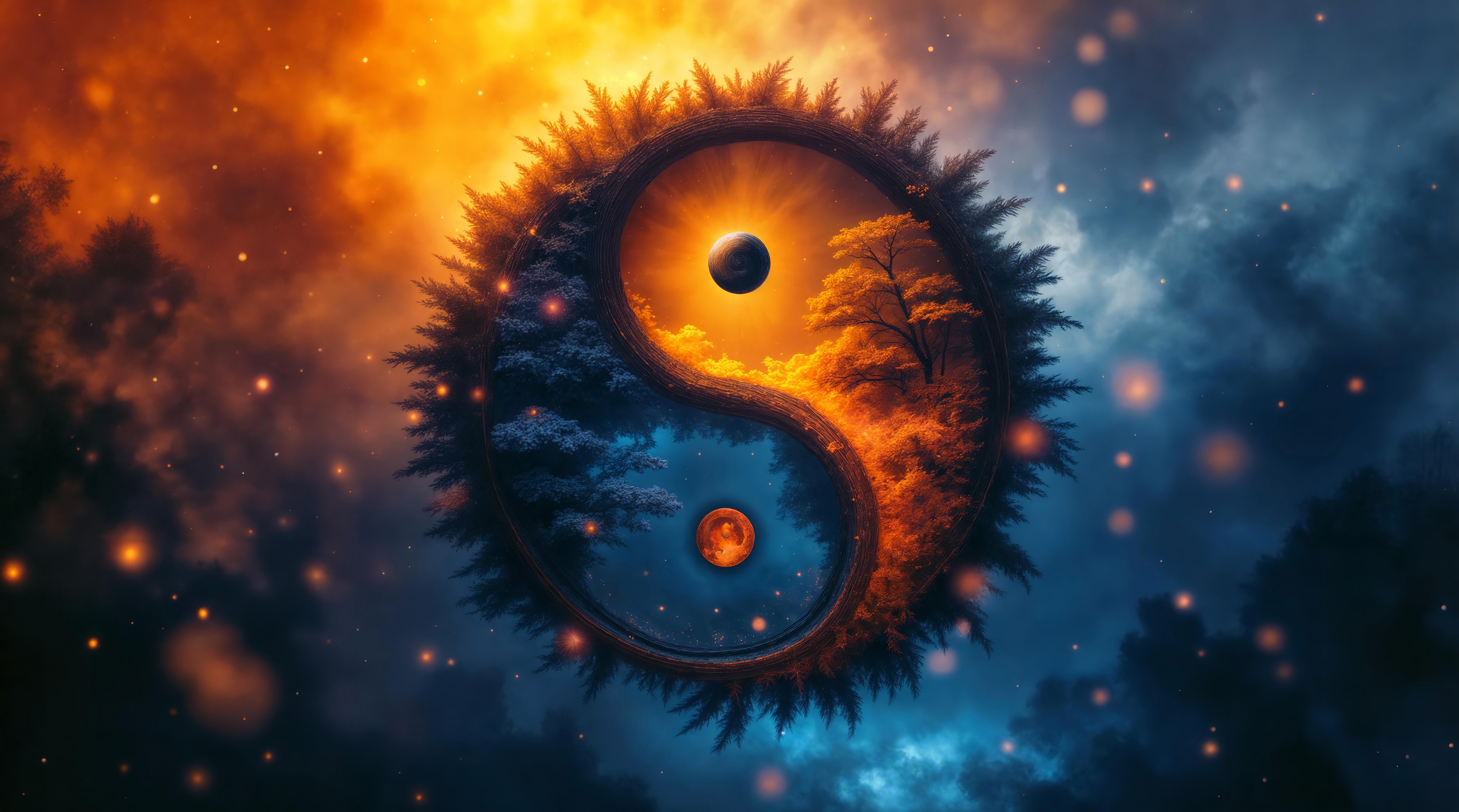 Fondos de pantalla Orange and blue Yin and Yang landscape